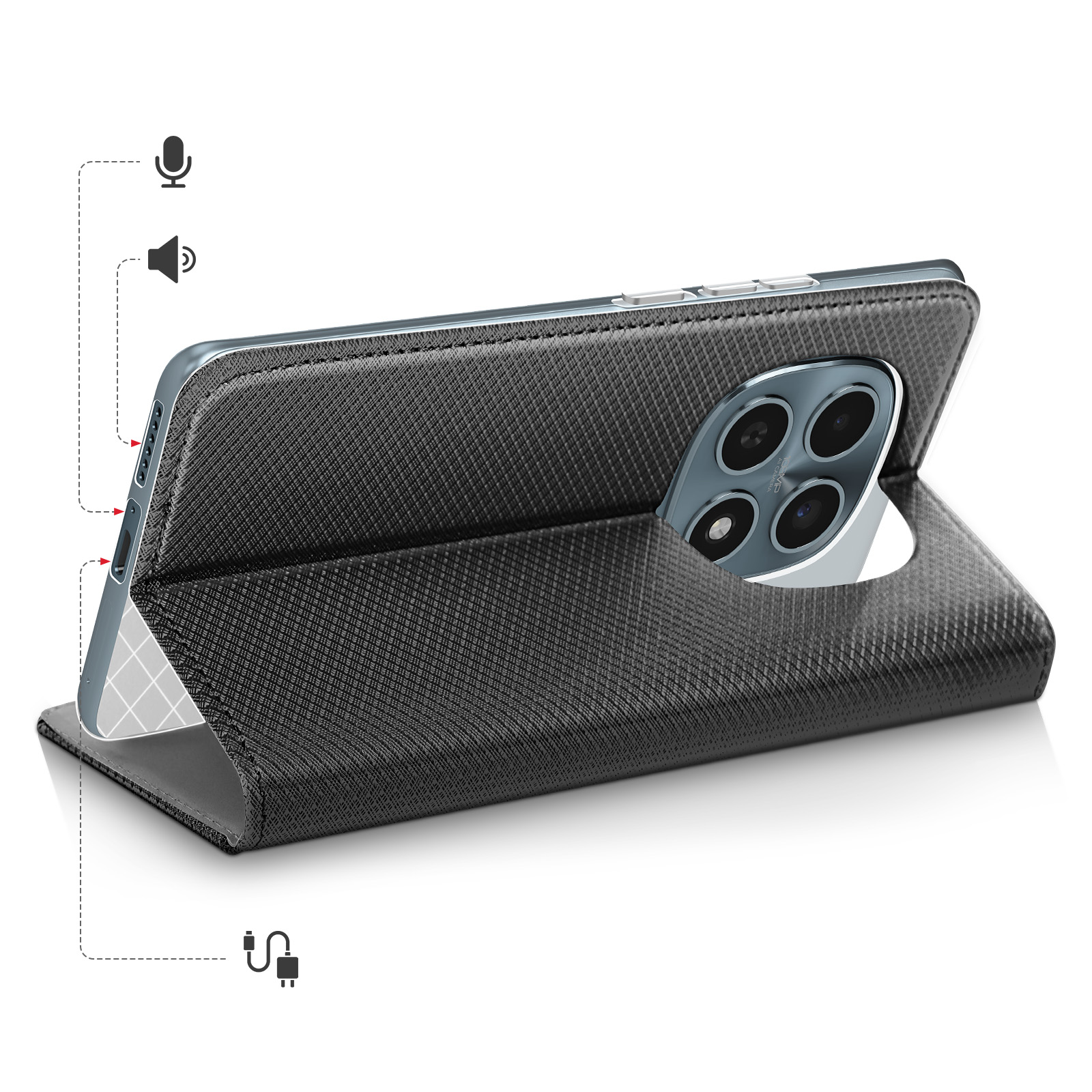 Custodia per telefono nera aperta, mostra modulo fotocamera e porte.