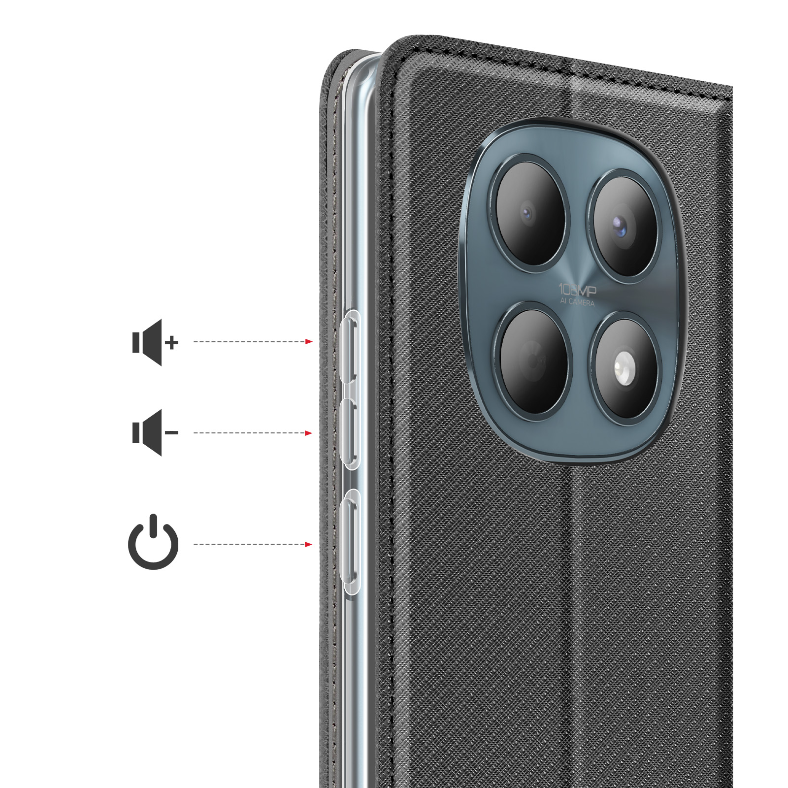 Telefono grigio con quattro fotocamere e pulsanti volume e accensione laterali.