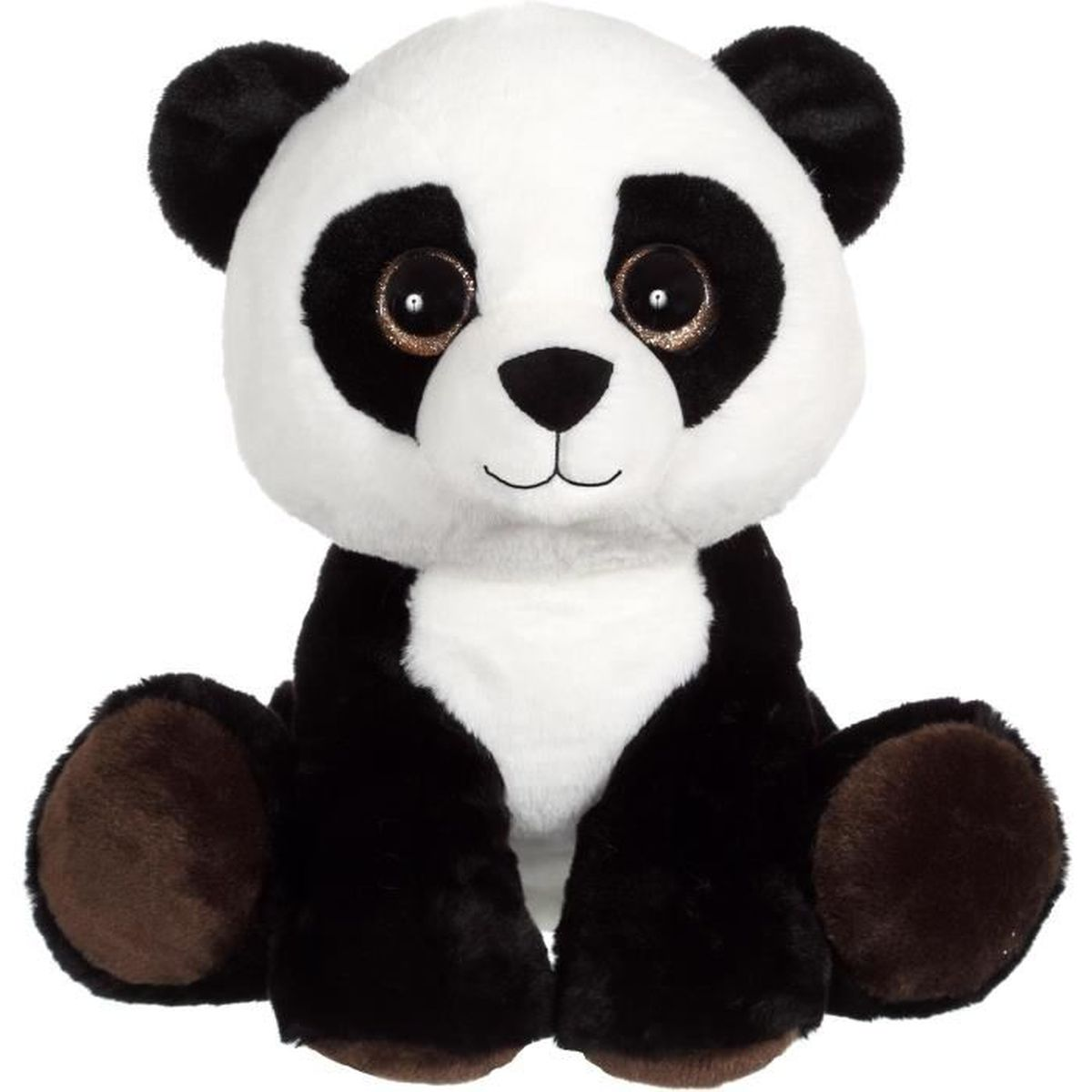 Ein sitzender Plüschpanda mit schwarzen Ohren, Augenringen und Beinen.