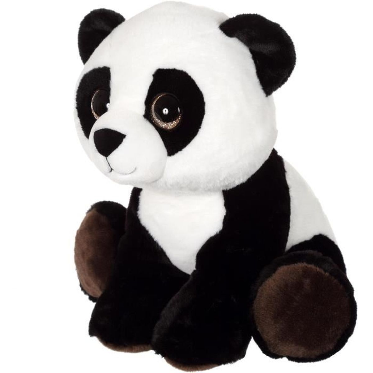 Ein flauschiger Panda-Plüschtier sitzt, schwarz-weißer Körper, glitzernde Augen.