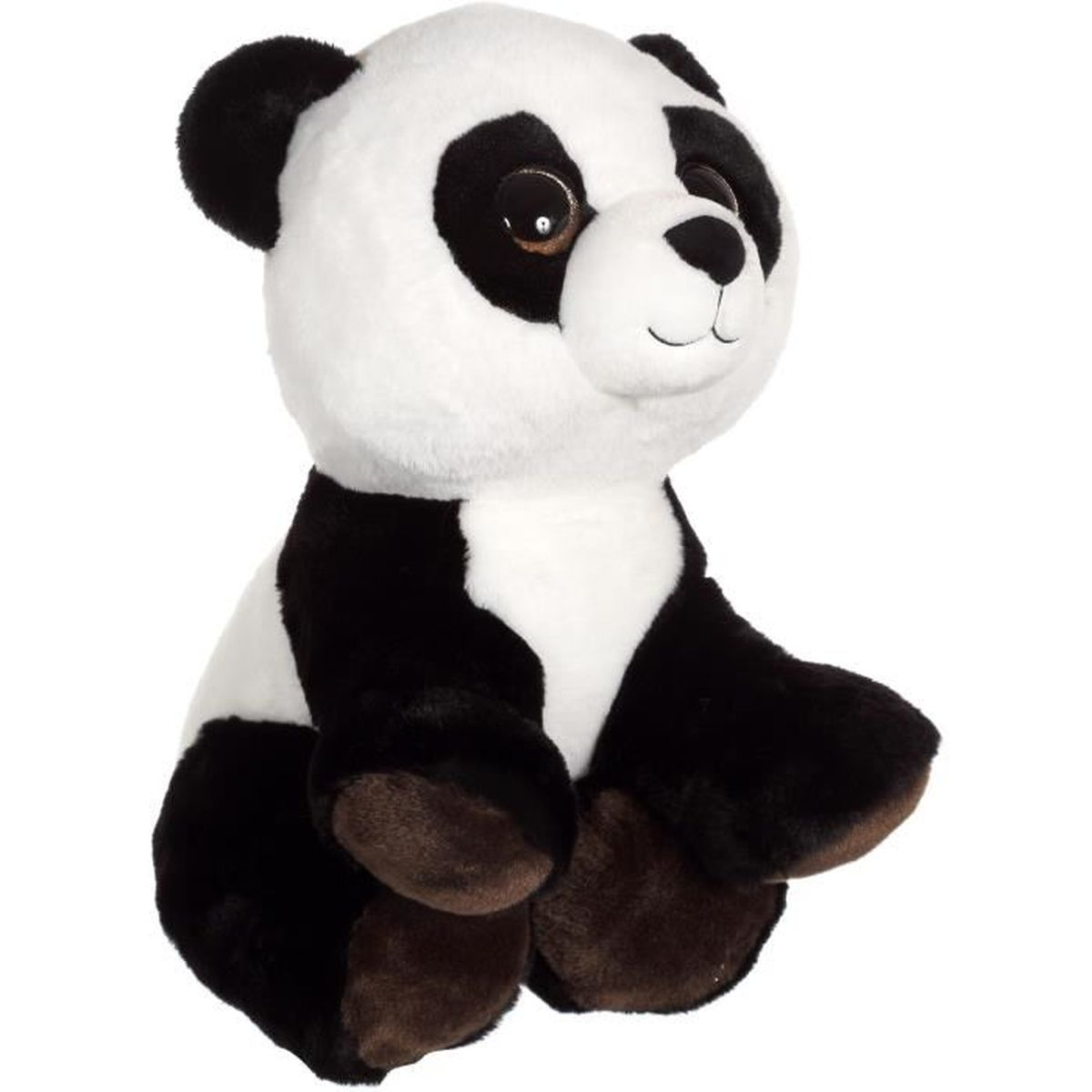 Ein sitzender Plüschpanda mit schwarzen Ohren, Augenringen und Beinen.