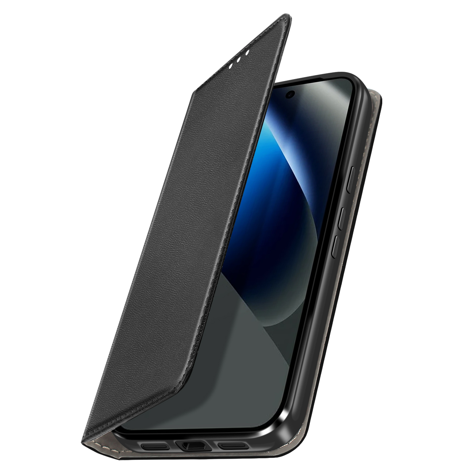 Una custodia a libro in pelle nera per smartphone, parzialmente aperta.
