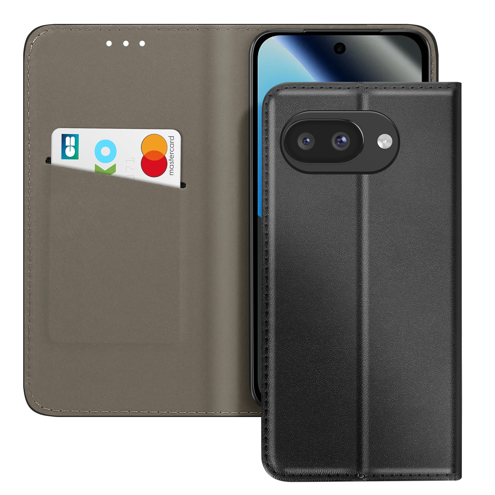 Uno smartphone nero in una custodia marrone con porta carte e una Mastercard.