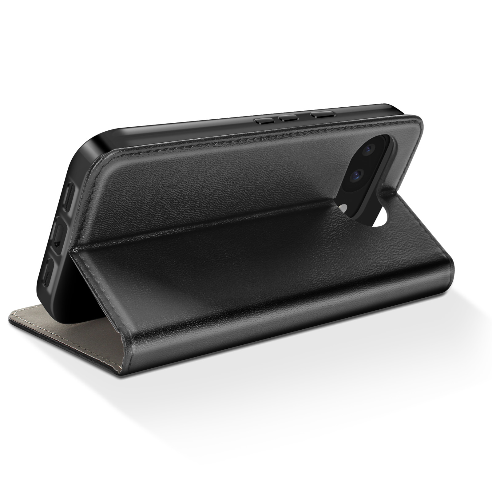 Telefono nero con custodia a flip in pelle aperta che funge da supporto.