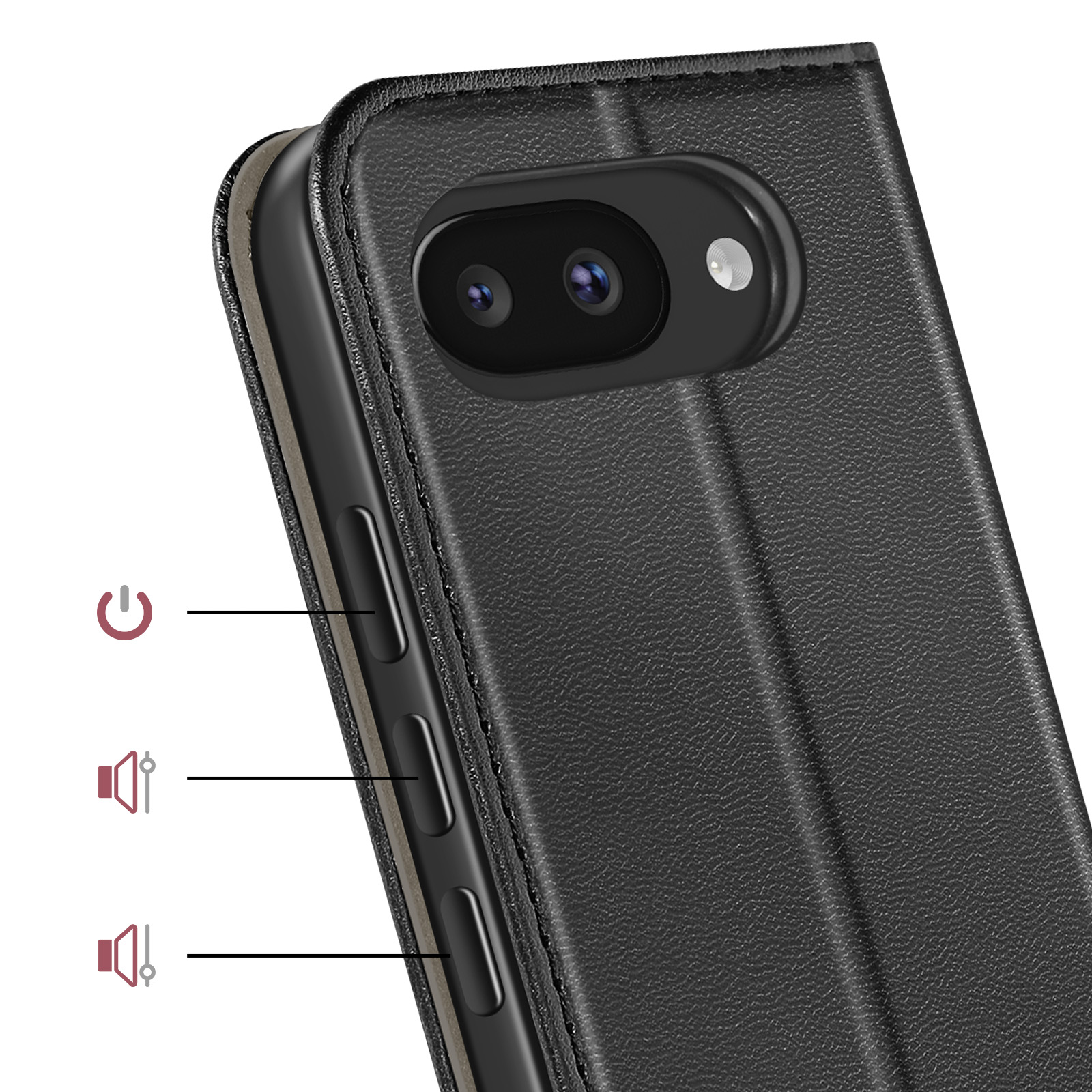 Custodia nera per telefono con fotocamera, tasti volume e accensione.