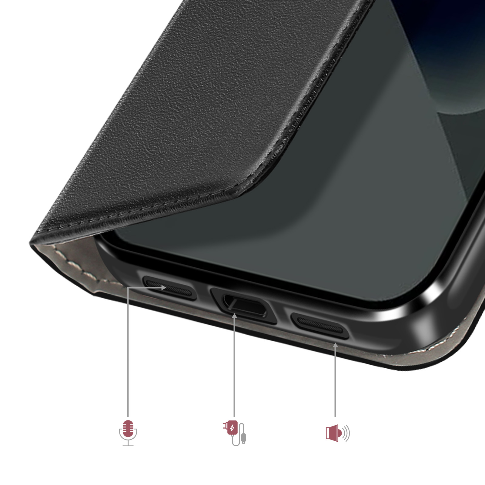 Custodia nera per telefono con icone di microfono, ricarica e altoparlante.