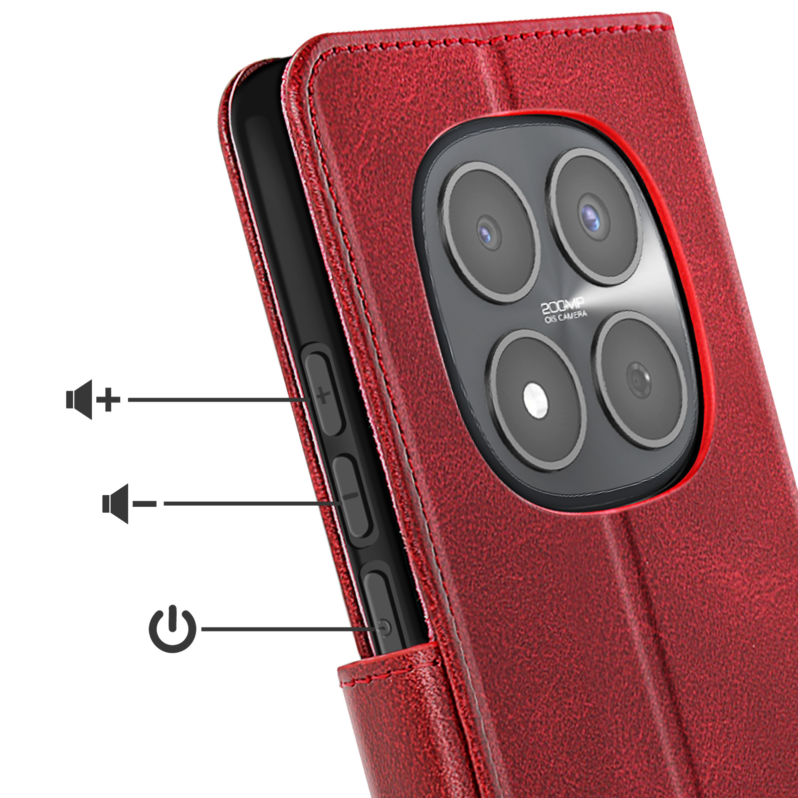 Custodia rossa per telefono con fotocamera da 200MP e pulsanti.