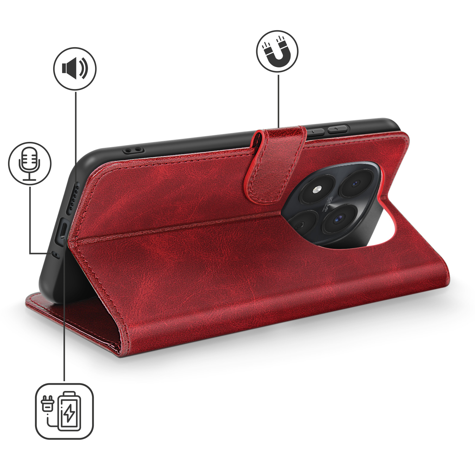 Custodia rossa per telefono con chiusura magnetica, icone altoparlante, microfono e carica.