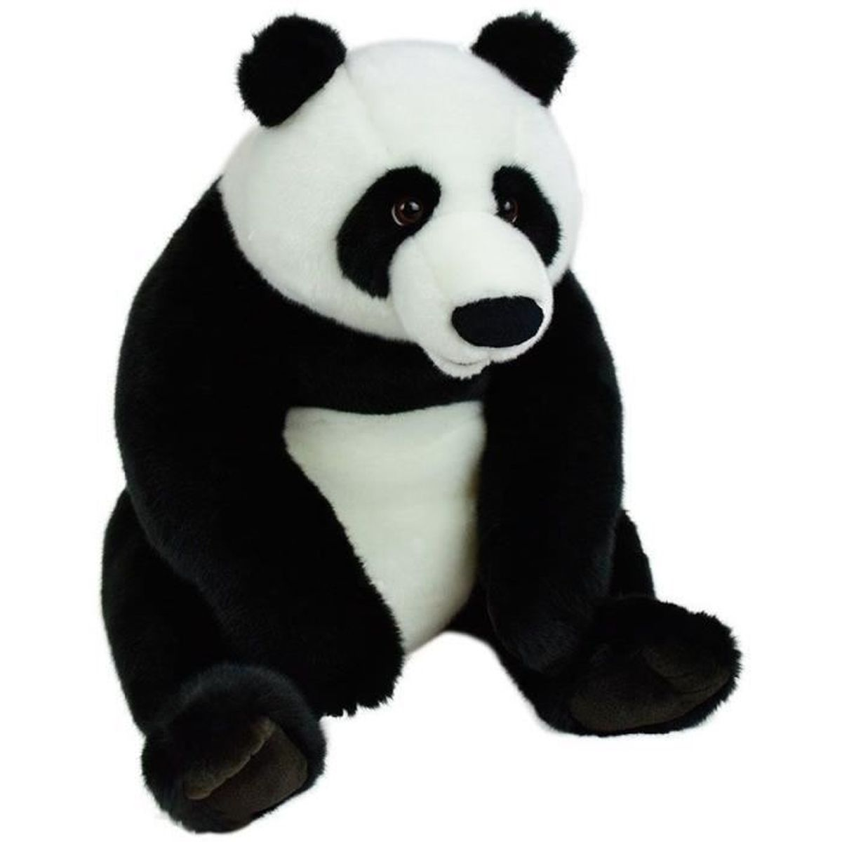 Un panda en peluche assis avec de la fourrure noire autour des yeux, des oreilles et des membres.