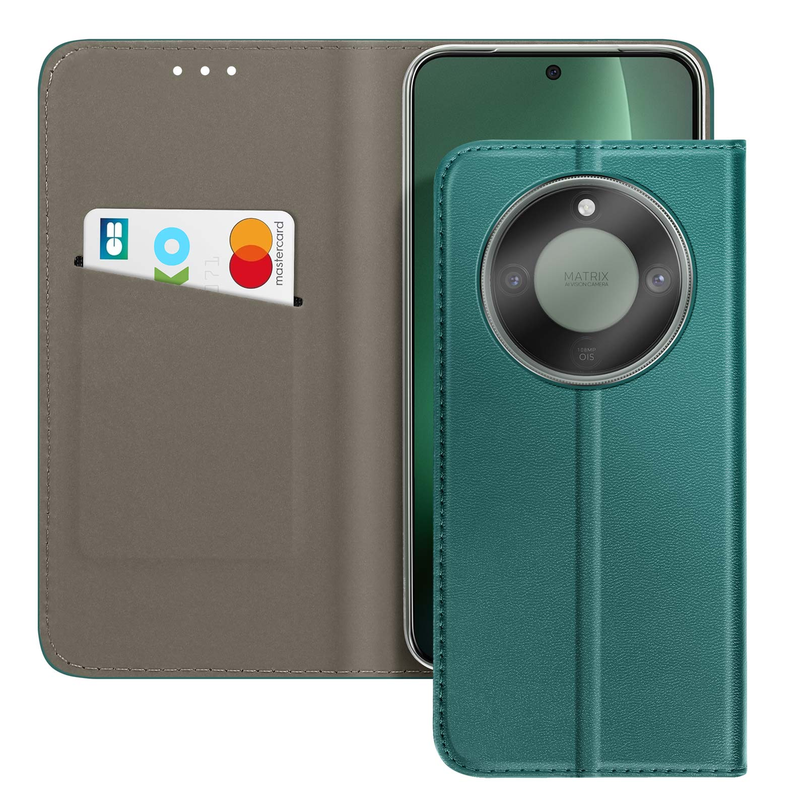Ein smaragdgrünes Handy-Flipcover mit Kartenschlitz und Mastercard.