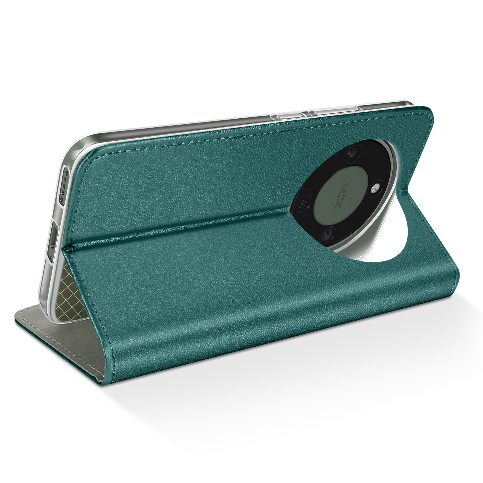 Ein tealfarbener Leder-Flip-Case für ein Smartphone, das auf einer weißen Fläche steht.