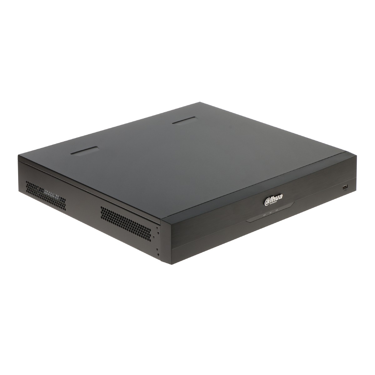 Yan ve üst havalandırmalı siyah DVR kayıt cihazı. Dahua logosu görünür.