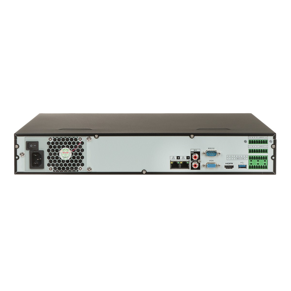 Siyah DVR'nin arkası güç, fan, RS232, VGA, HDMI ve ağ bağlantı noktaları.