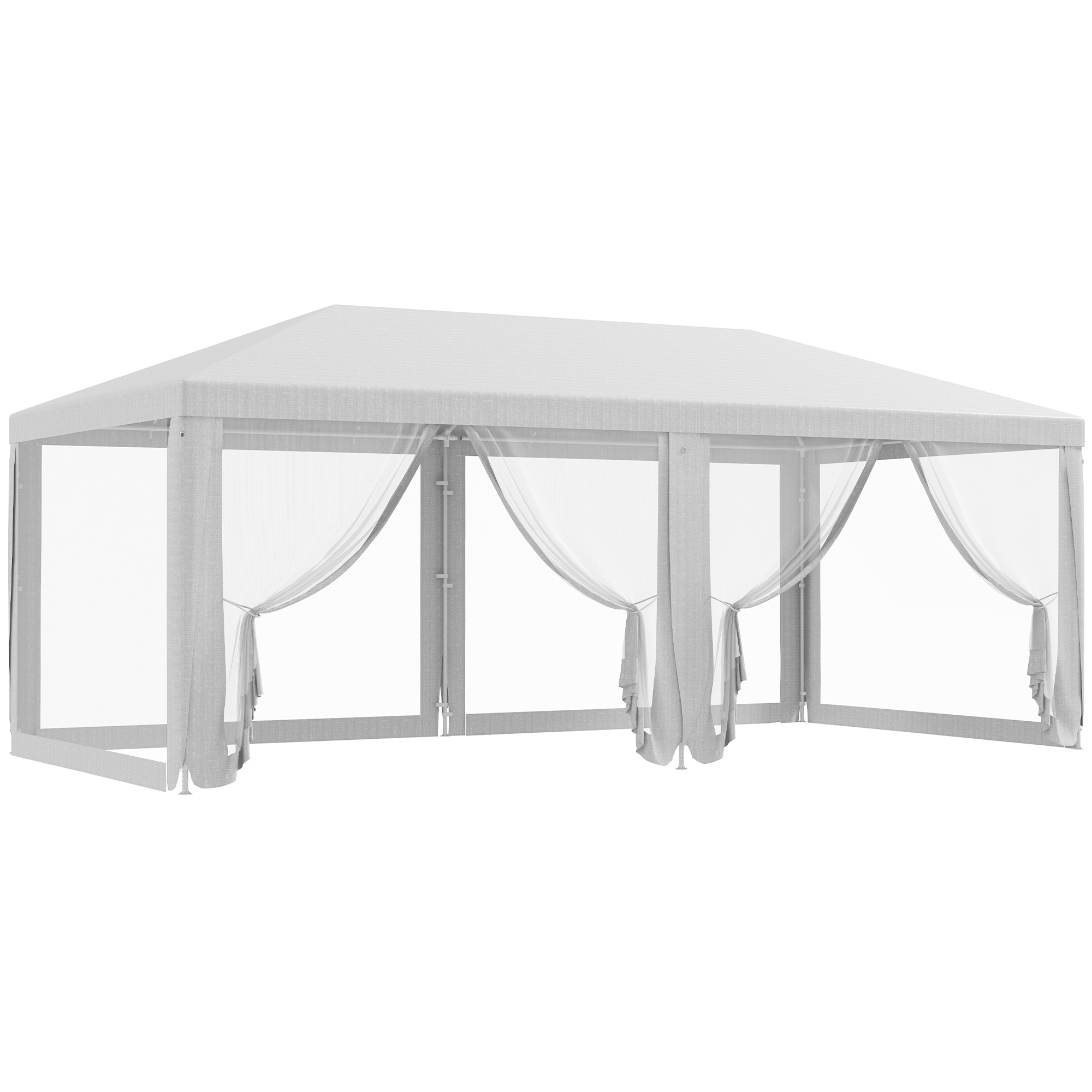 Una tenda rettangolare con tende bianche e tetto in tessuto.