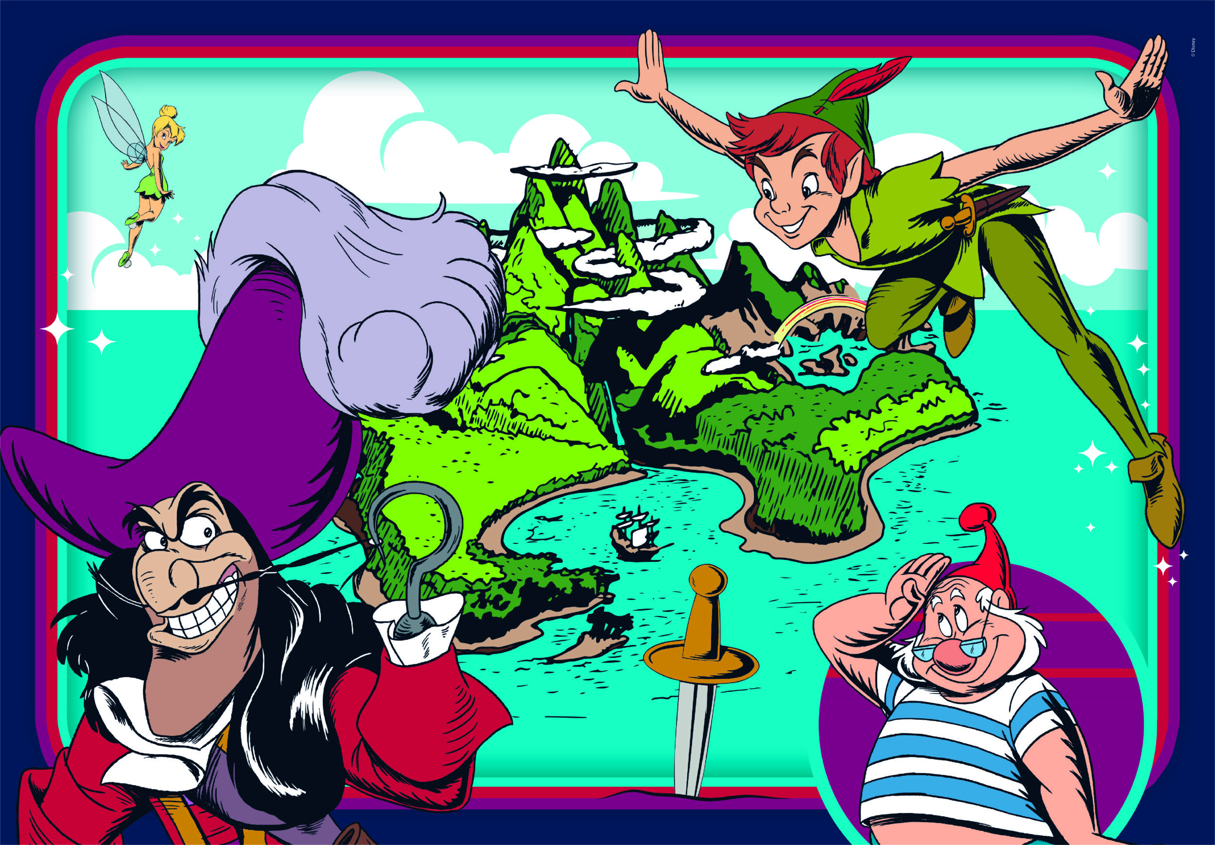 Peter Pan fliegt über Nimmerland mit Captain Hook, Smee und Tinkerbell.