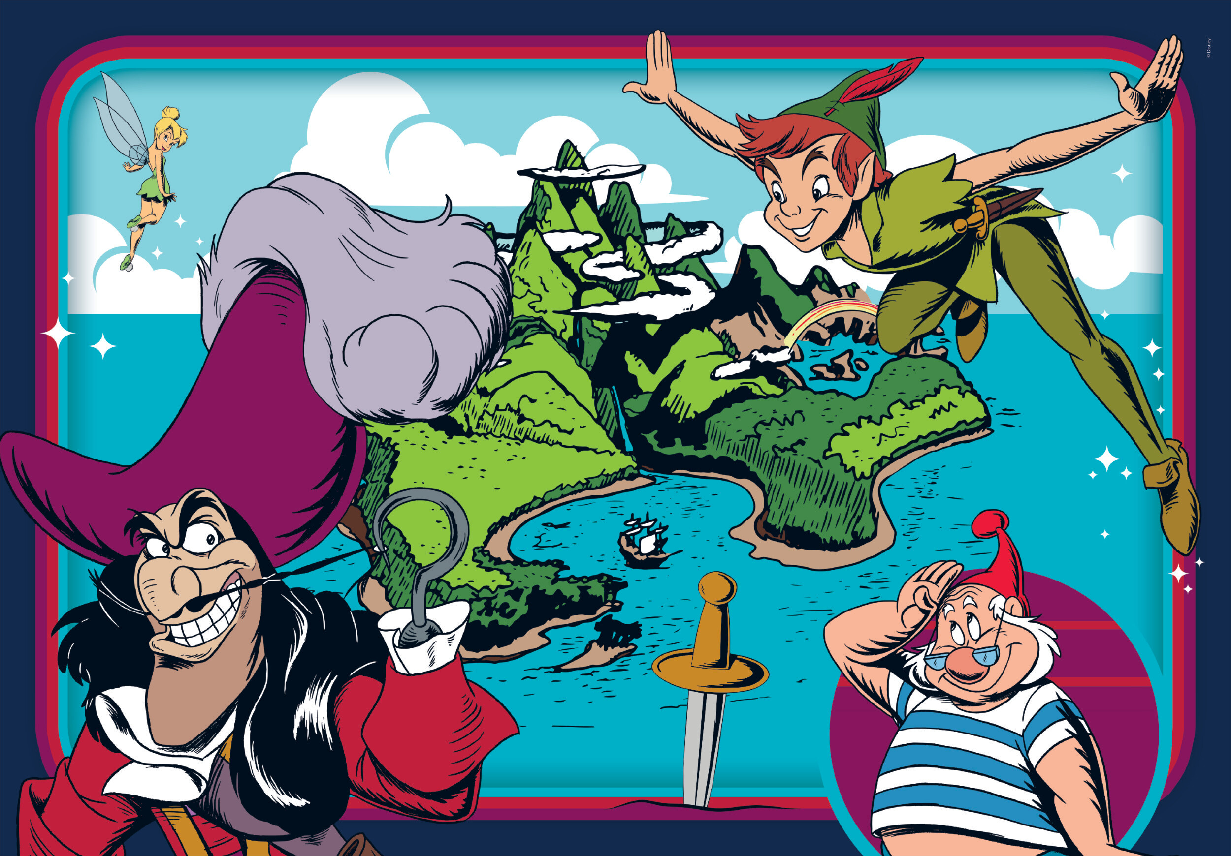 Peter Pan fliegt über Nimmerland mit Captain Hook und Smee.