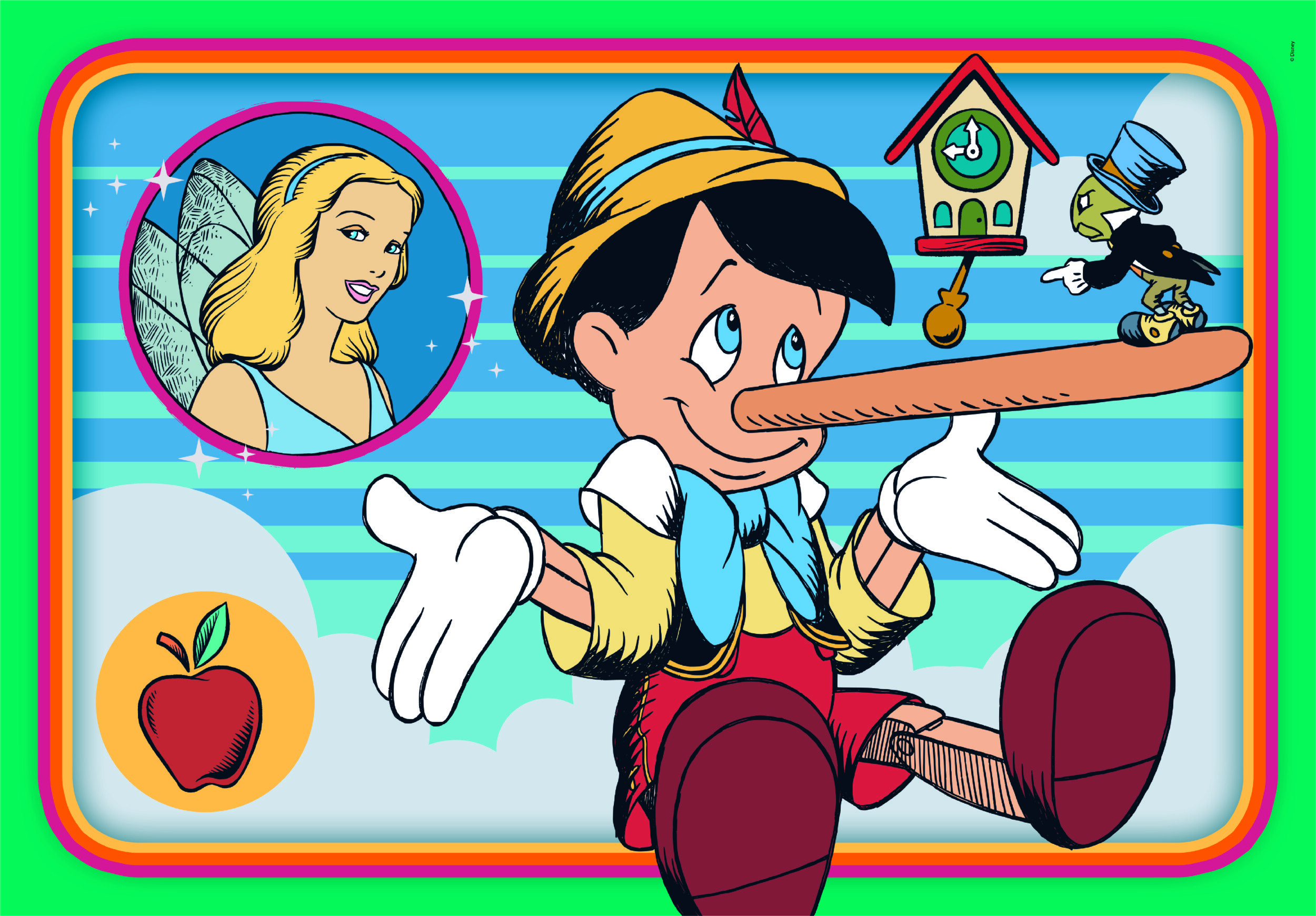 Pinocchio mit langer Nase, Fee, Jiminy Grille, Kuckucksuhr, roter Apfel.