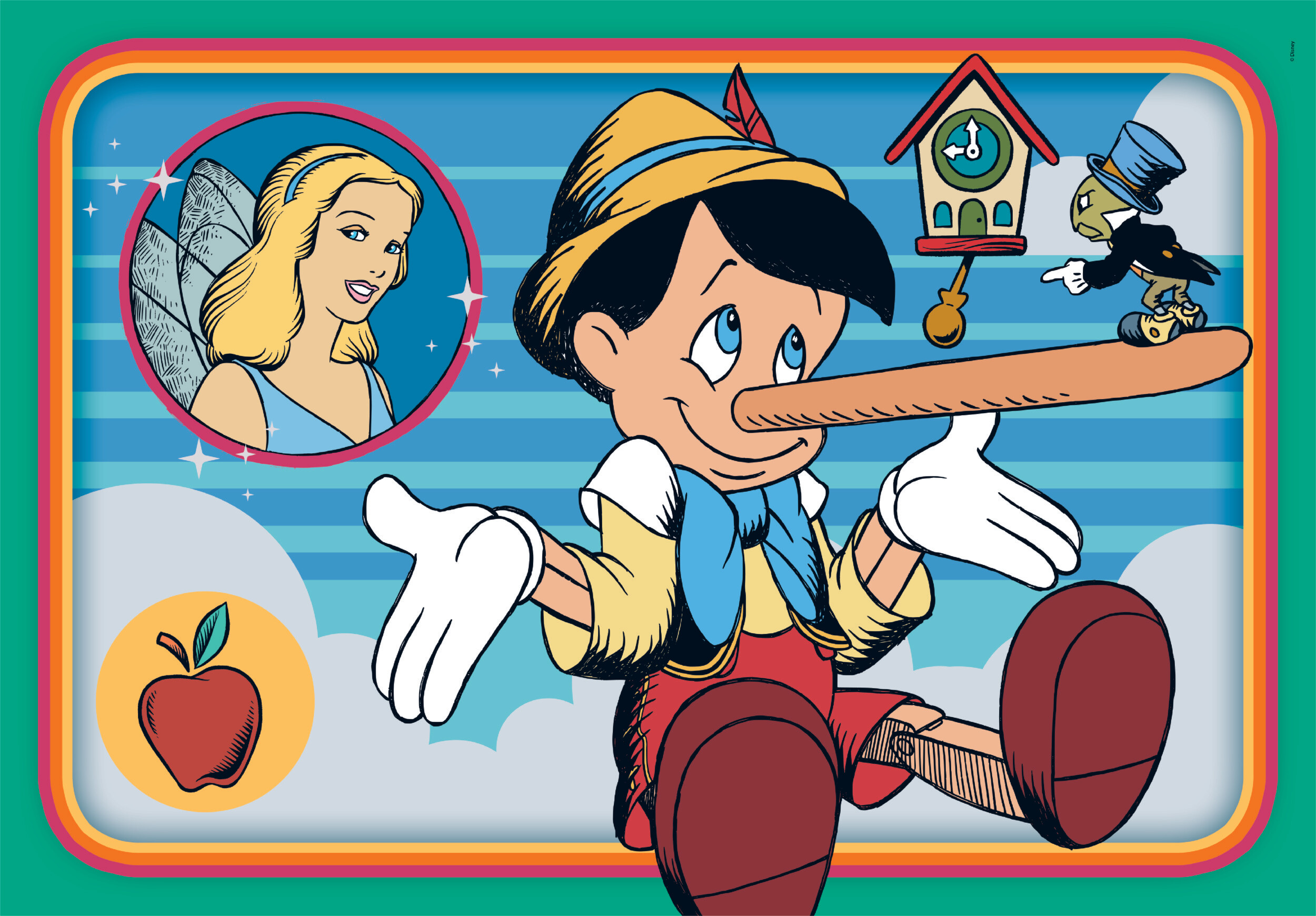 Pinocchio mit langer Nase, Fee, Jiminy Grille vor einer Kuckucksuhr.