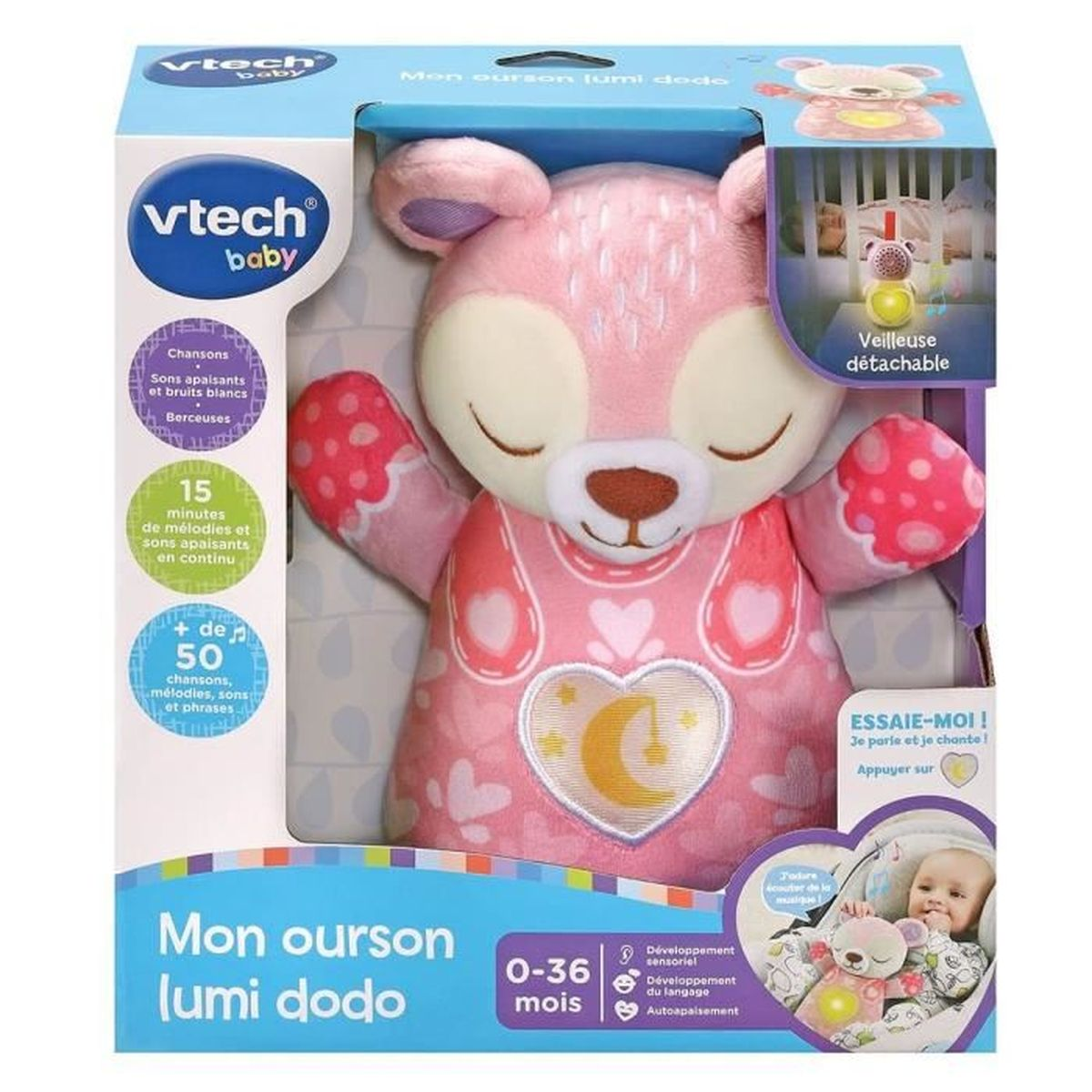 Ein rosa VTech-Bärchen mit leuchtendem Herz und Mond, für Babys von 0-36 Monaten.
