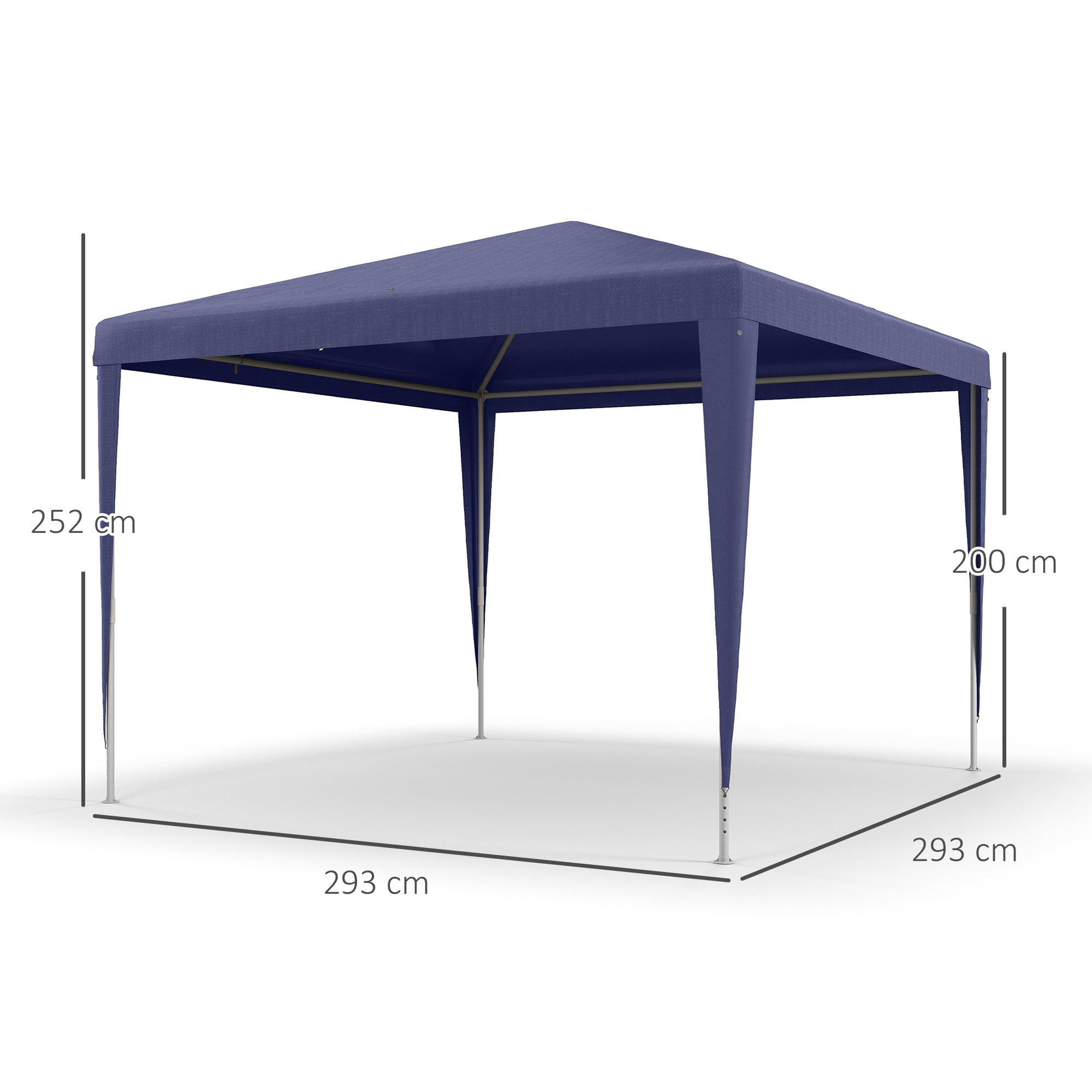 Un gazebo blu di 293x293 cm e altezza 252 cm.