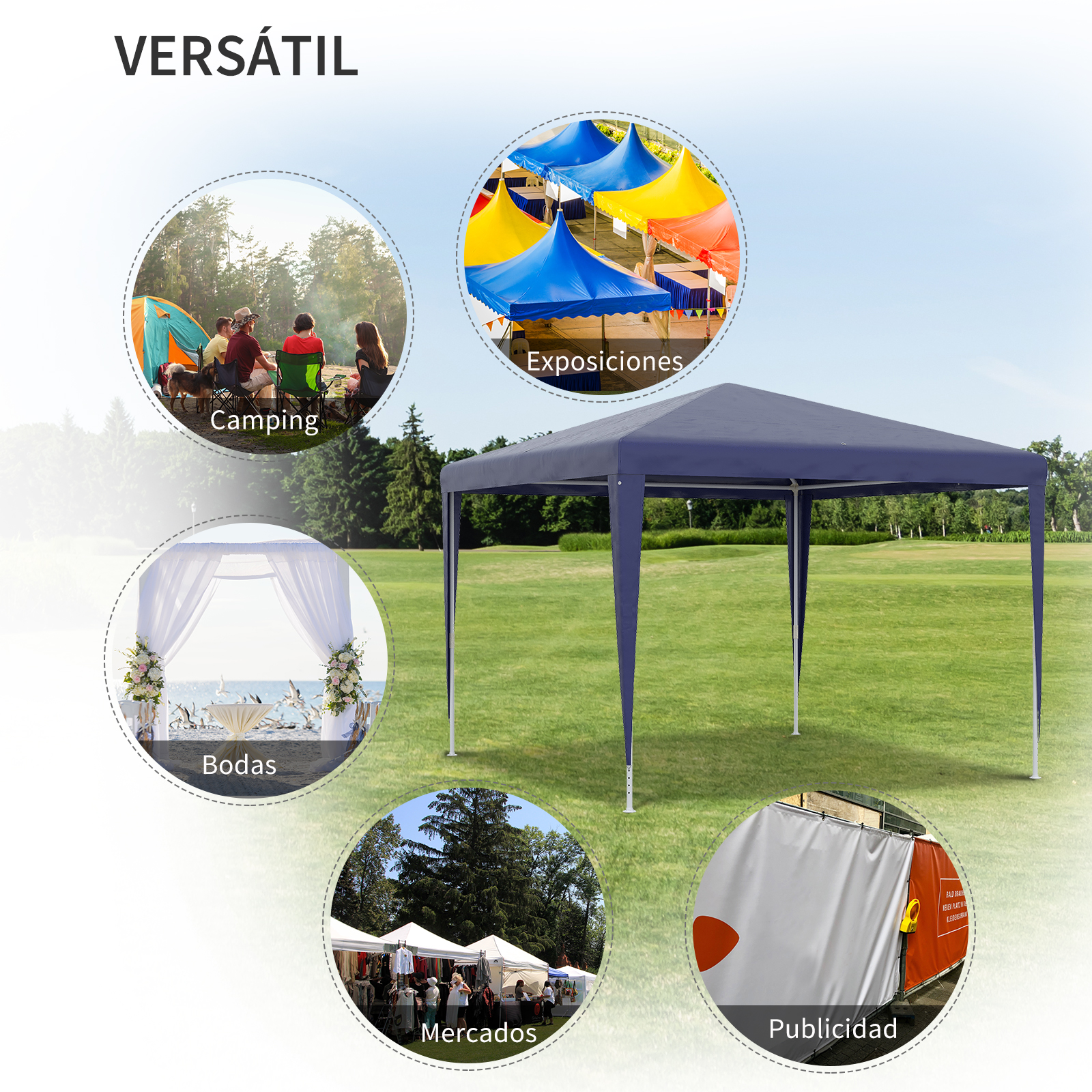 Un toldo azul oscuro sobre césped verde, rodeado de cuatro círculos.