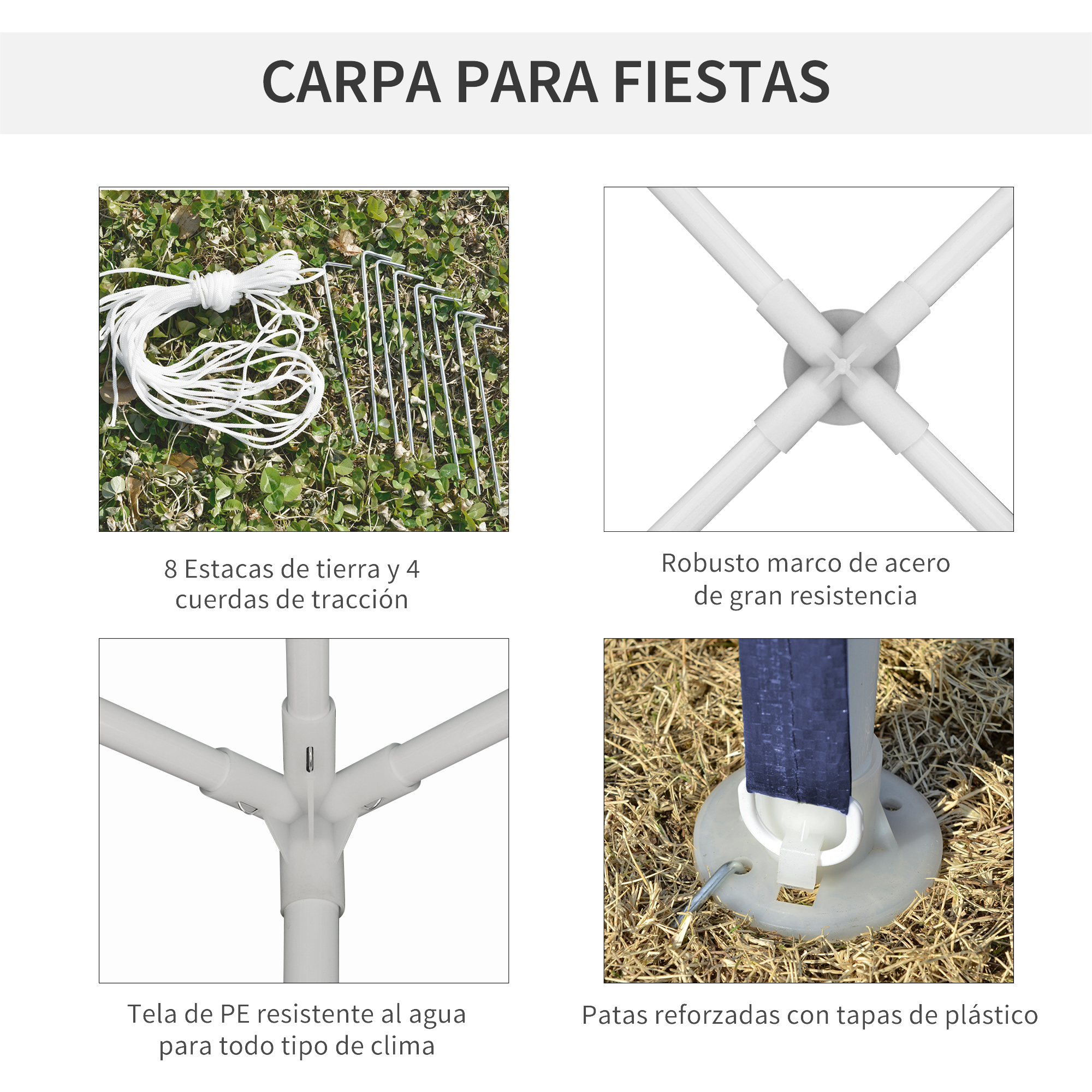 Carpa para fiestas: estacas, cuerdas, marco de acero, tela PE, patas reforzadas.