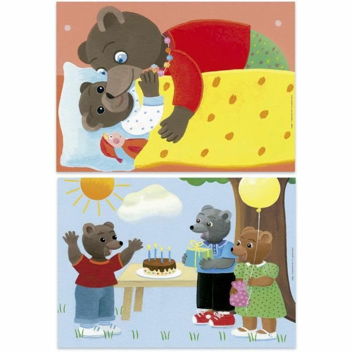 Un orso legge storie della buonanotte a un cucciolo. Sotto, tre orsi festeggiano compleanno.