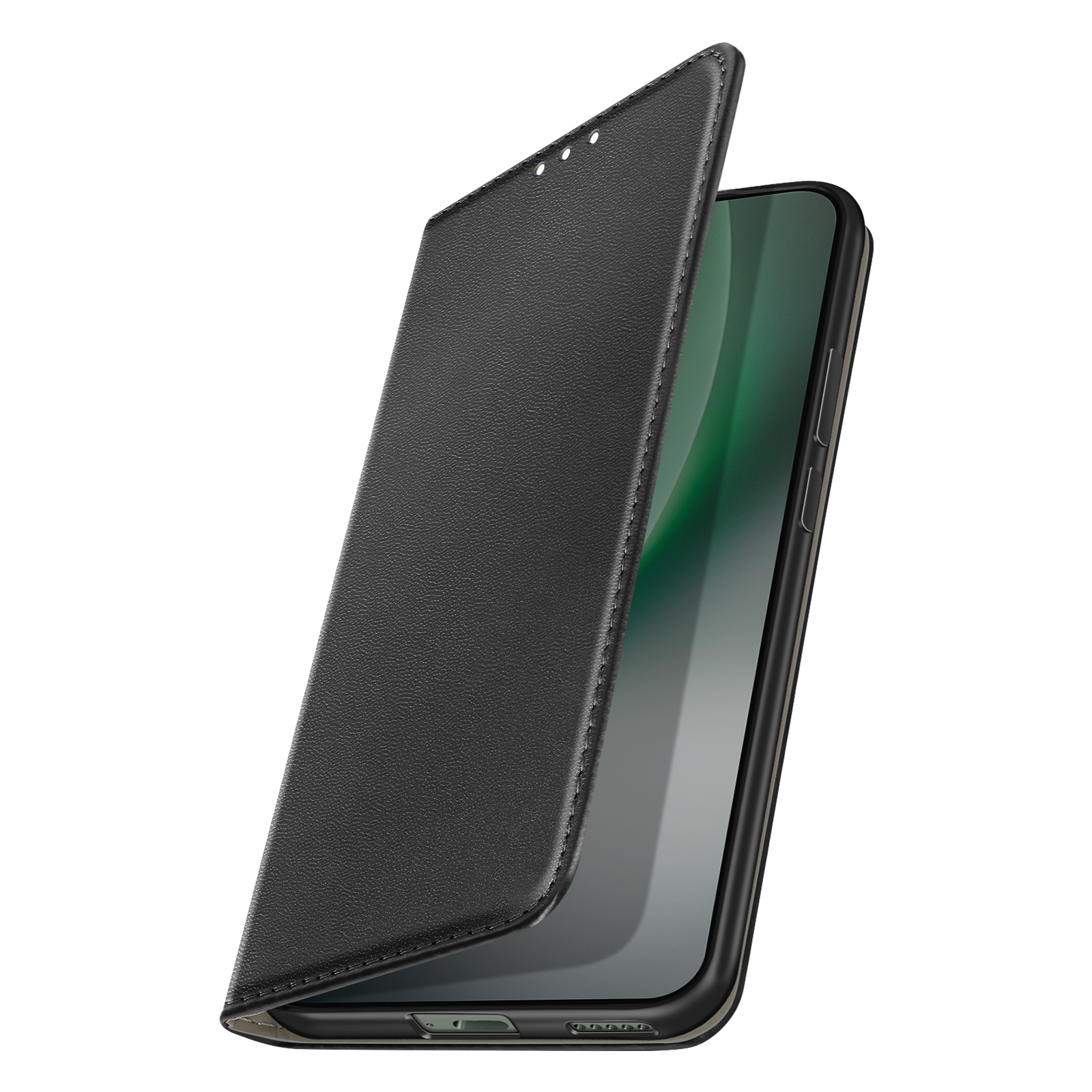 Zwarte telefoon met open flipcase, de binnenkant is groenachtig.