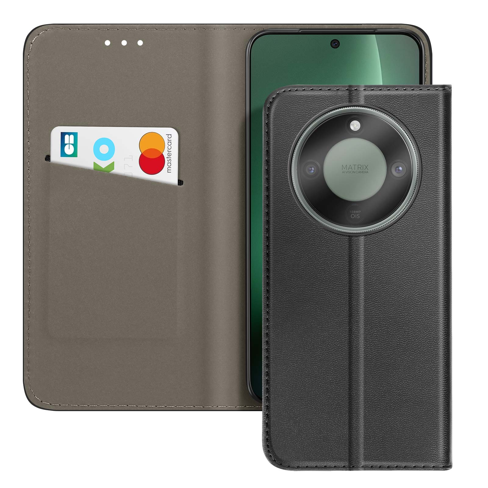 Zwarte telefoon in een bruine flipcase met kaarthouder en Mastercard.