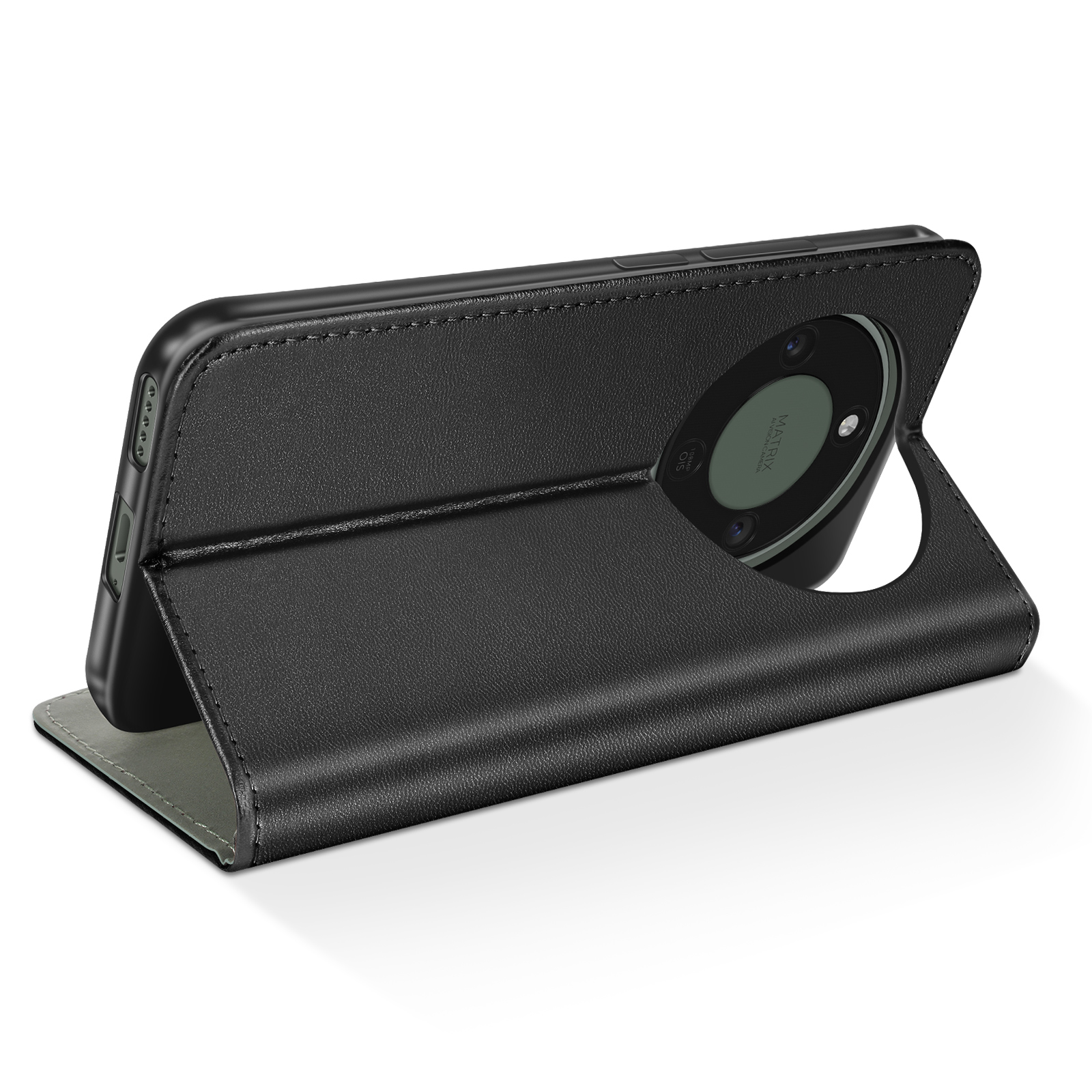 Zwarte leren flipcase met staande telefoon.