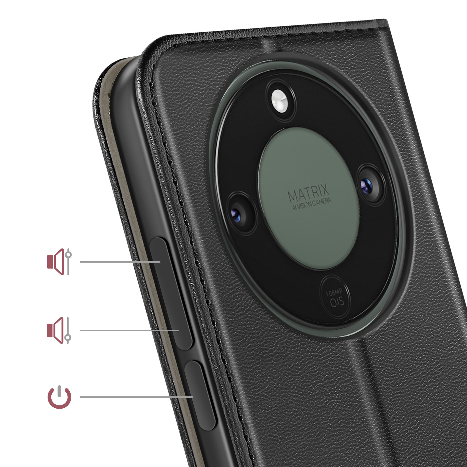 Close-up van een zwarte telefoonhoes met camera en knoppen.