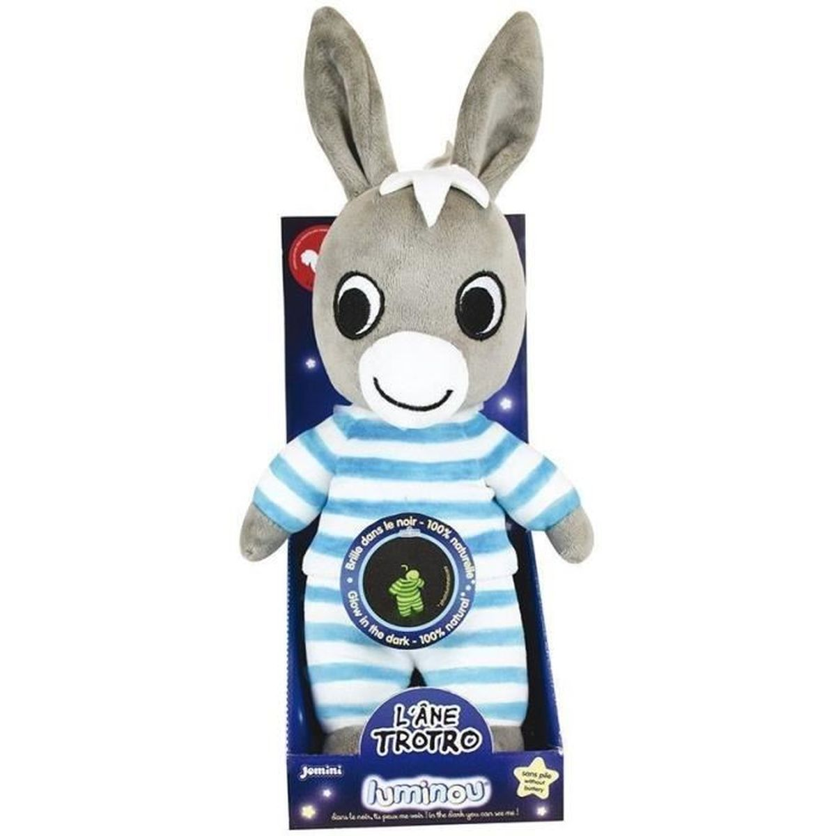 Un âne en peluche gris en pyjama rayé, aux yeux lumineux.