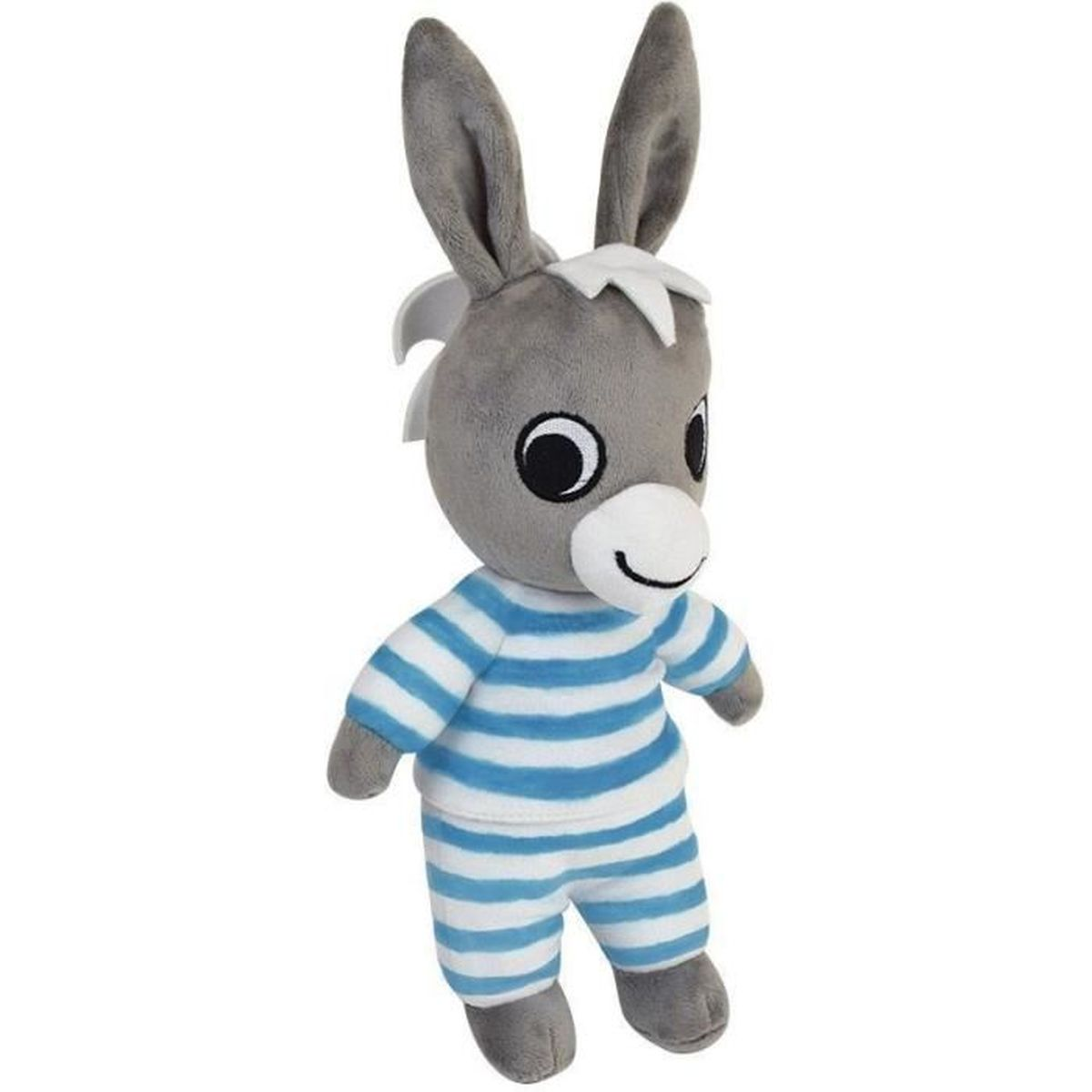 Âne en peluche gris en pyjama rayé, crinière blanche.