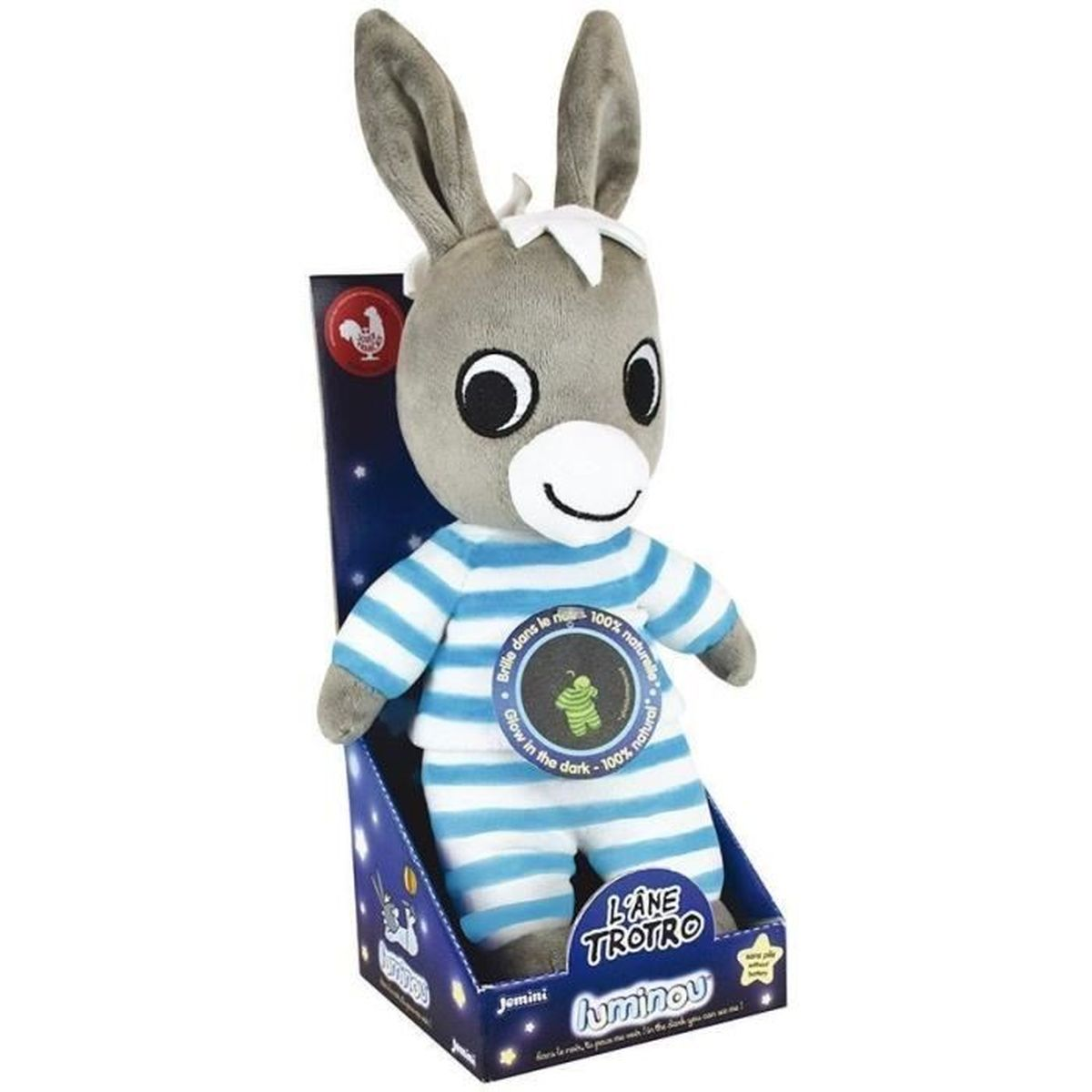 Peluche d'âne grise à rayures bleues, dans sa boîte.