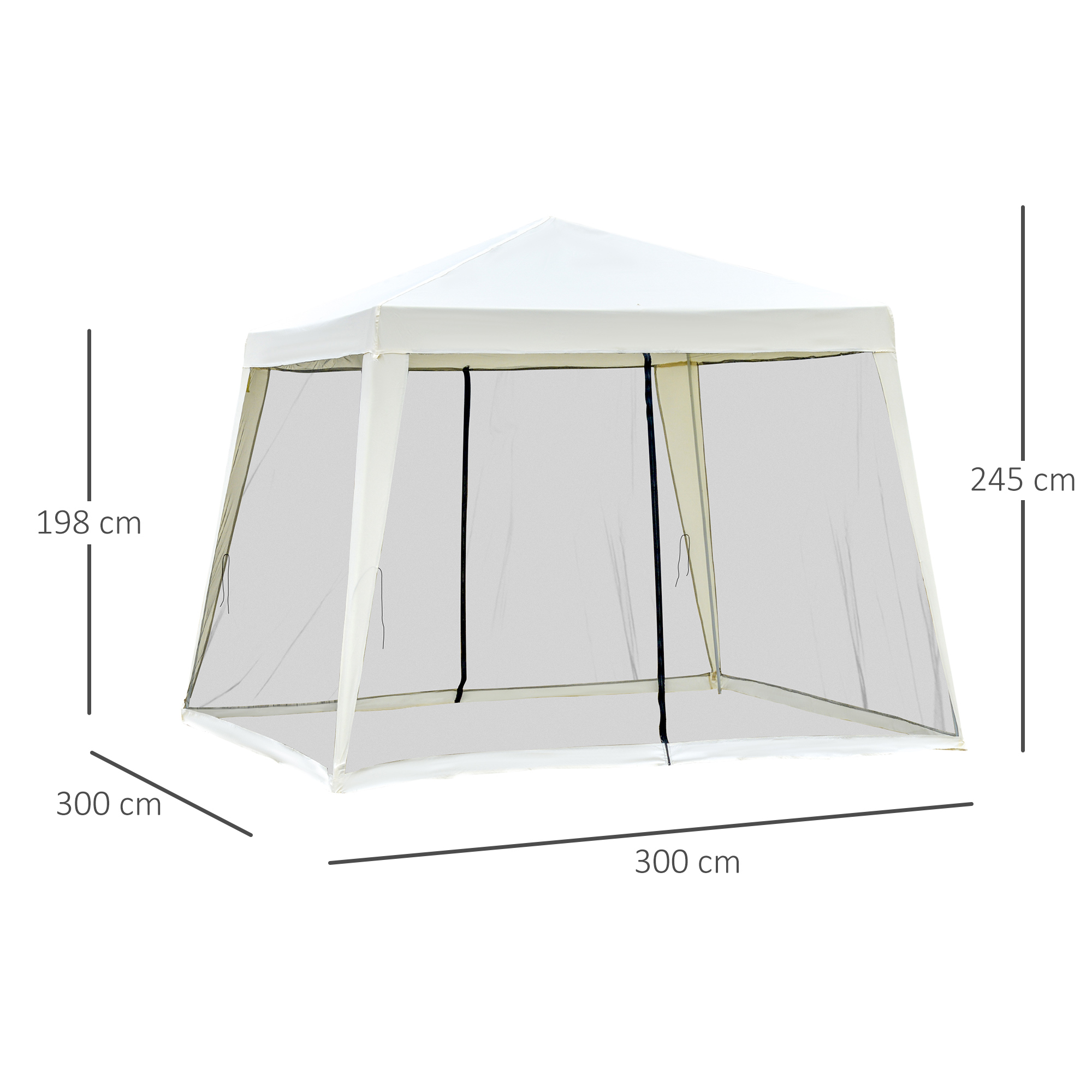 Una carpa de gazebo blanca con mosquitero, mide 300x300x245 cm.