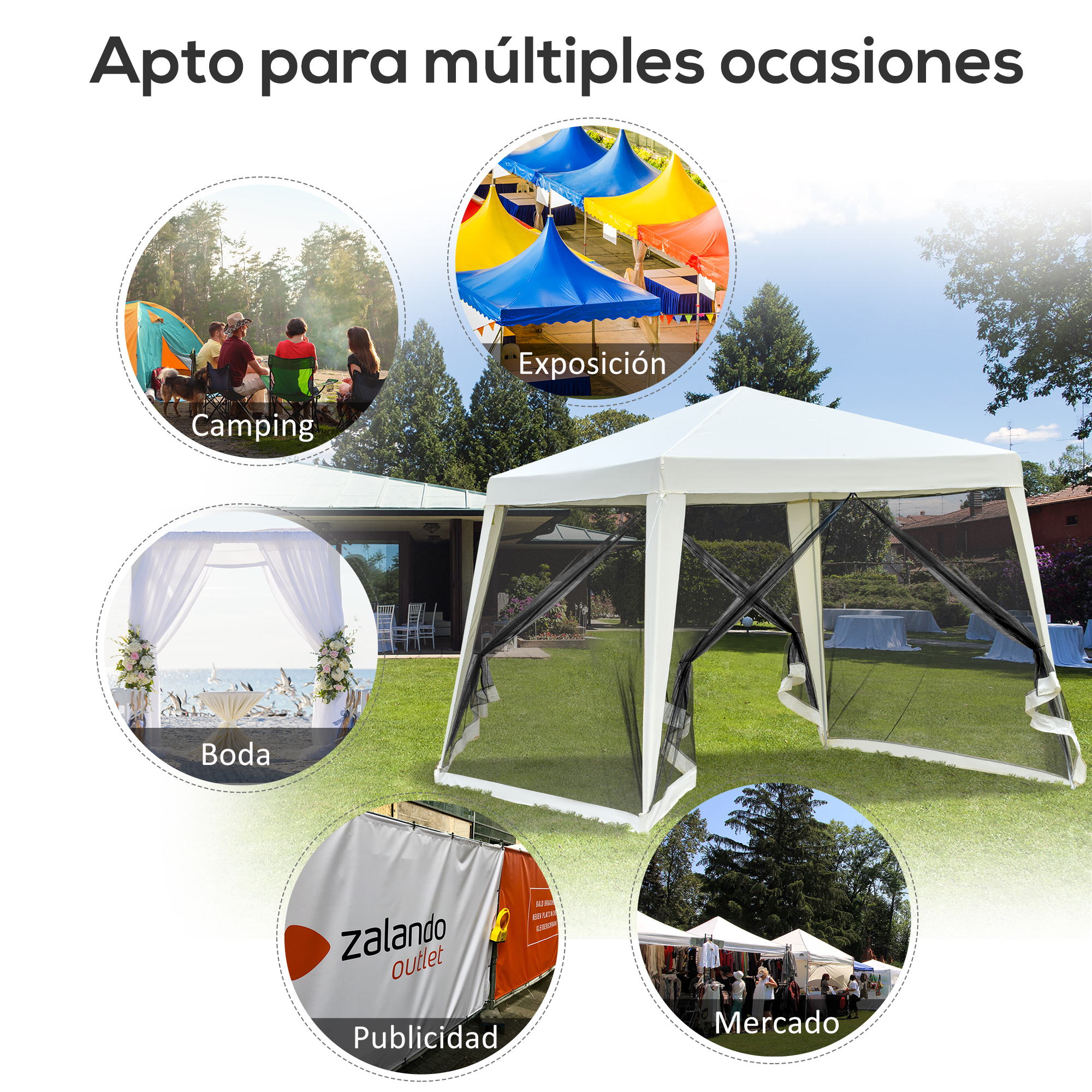 Una carpa blanca al aire libre con imágenes circulares de camping, exposiciones, bodas, publicidad y mercados.