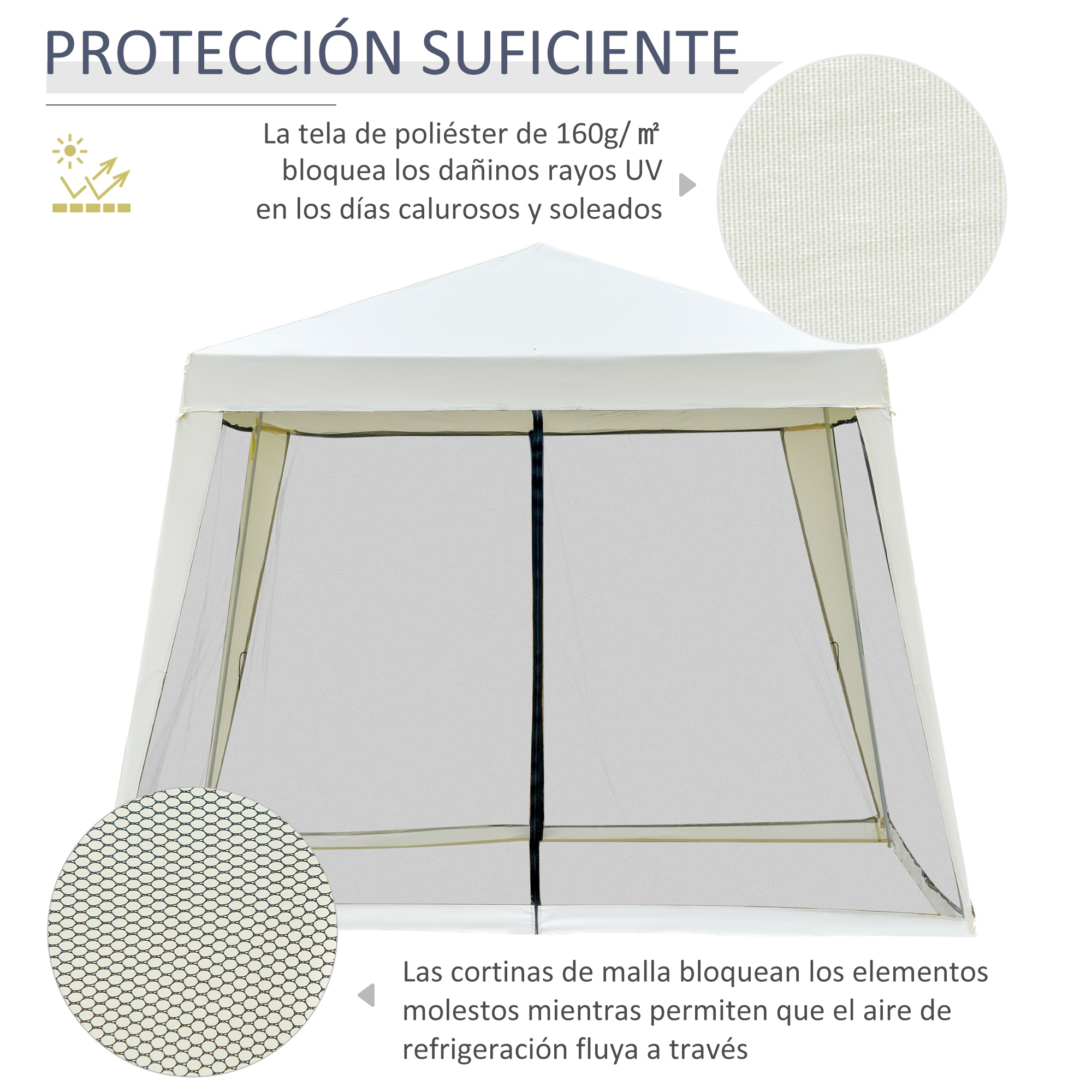 Un cenador blanco con mosquitero y primeros planos de tela y malla.