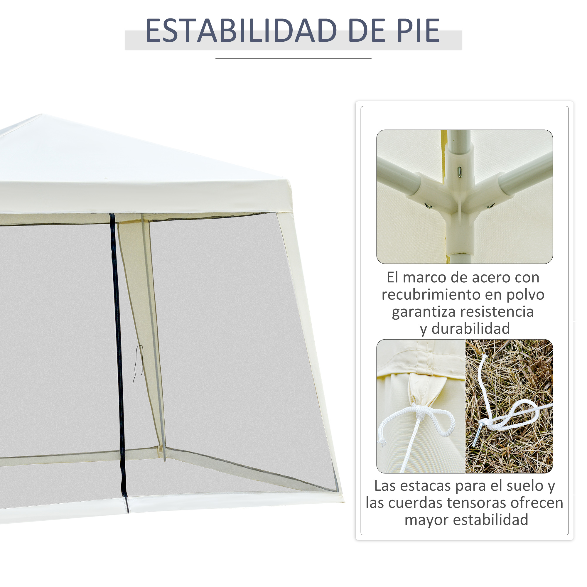 Estructura de carpa blanca con primeros planos del marco y estacas.