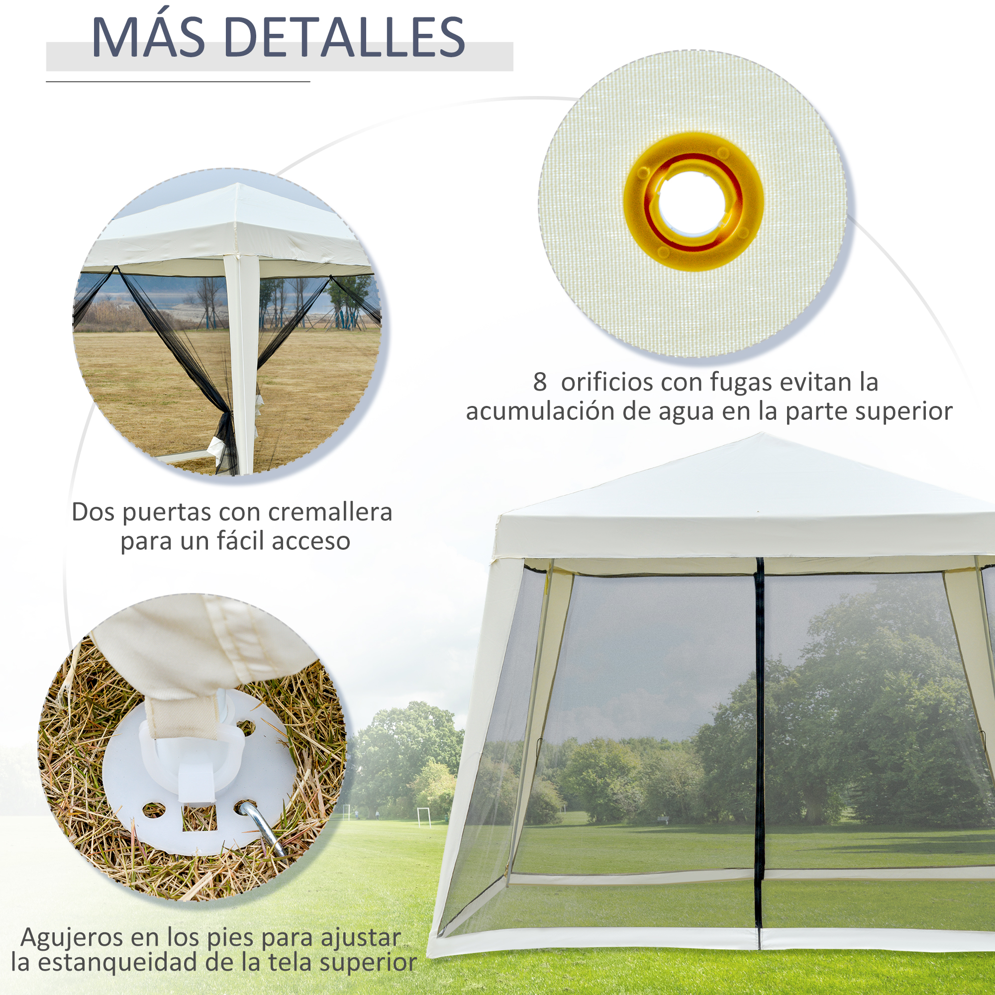 Una carpa blanca con mosquiteros y puertas con cremallera al aire libre.