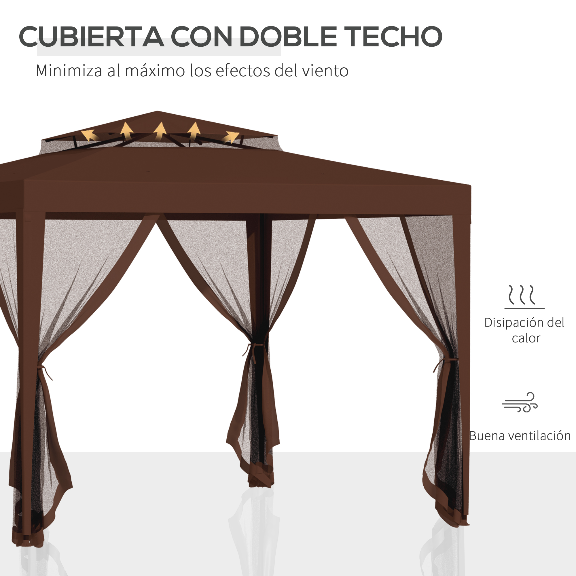Gazebo marrón con doble techo, cortinas de malla y flechas.