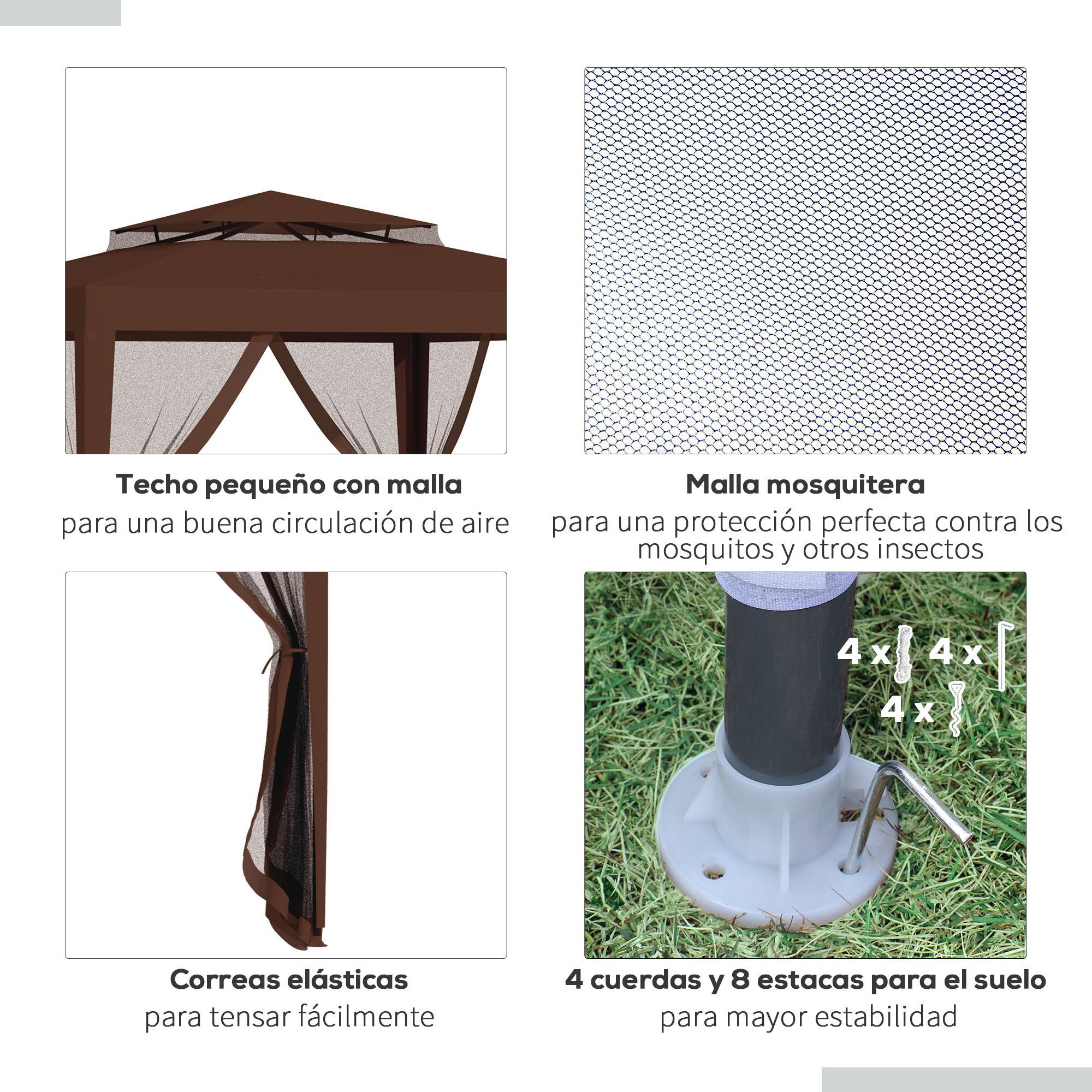 Techo de cenador marrón con malla, mosquitera, correas y estacas.