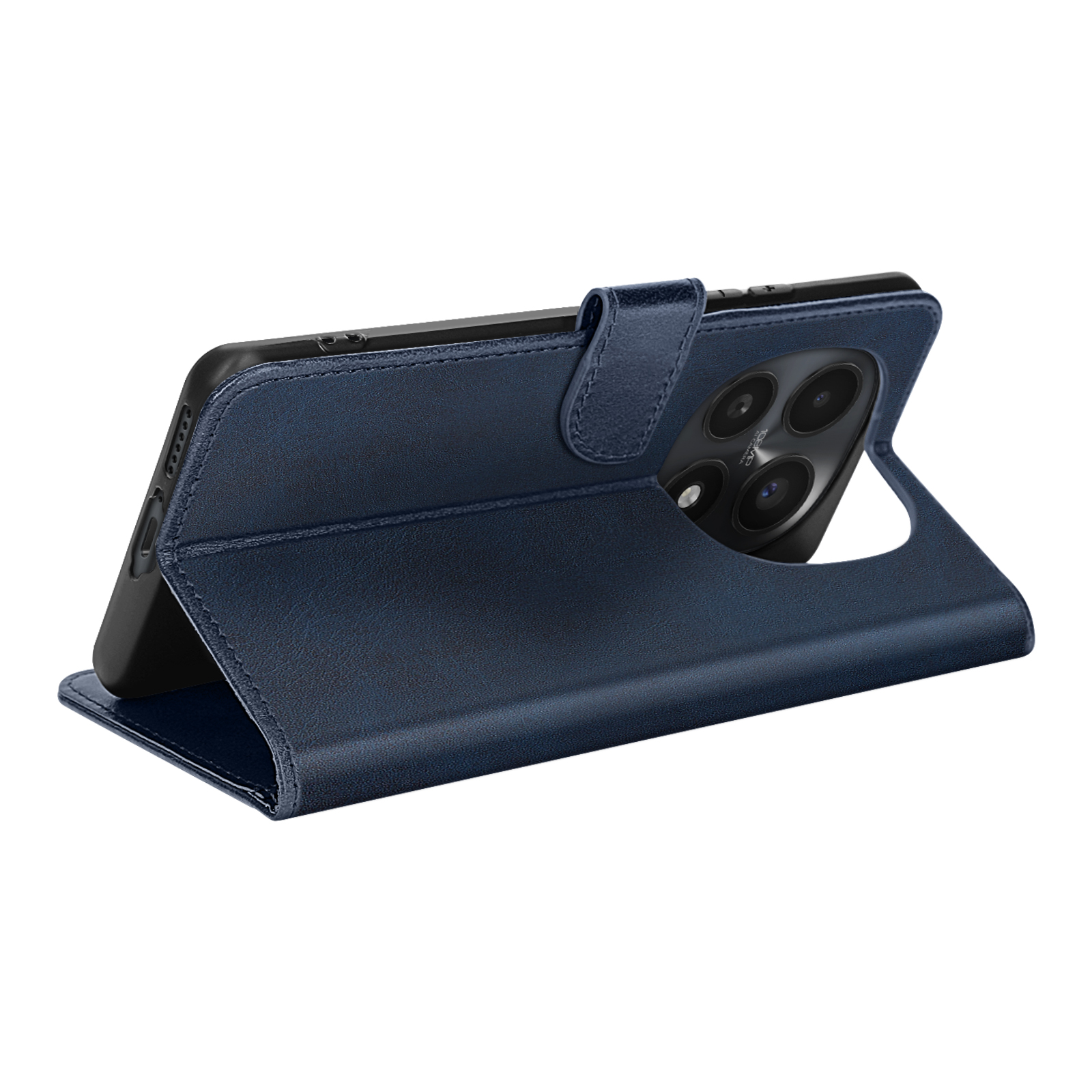 Custodia a libro in pelle blu scuro per smartphone con foro fotocamera.
