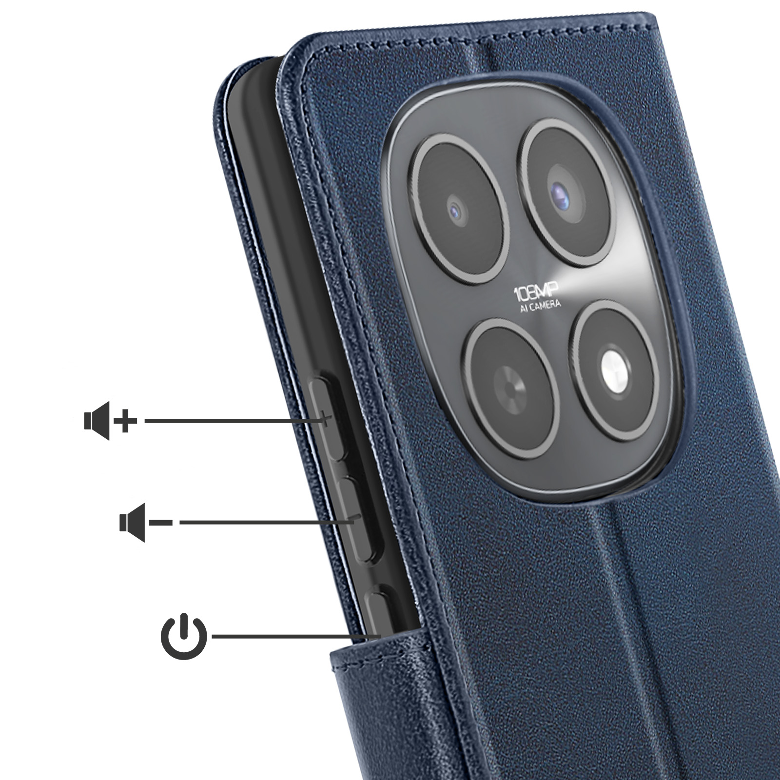 Custodia blu scuro per telefono con modulo fotocamera e pulsanti volume/accensione.