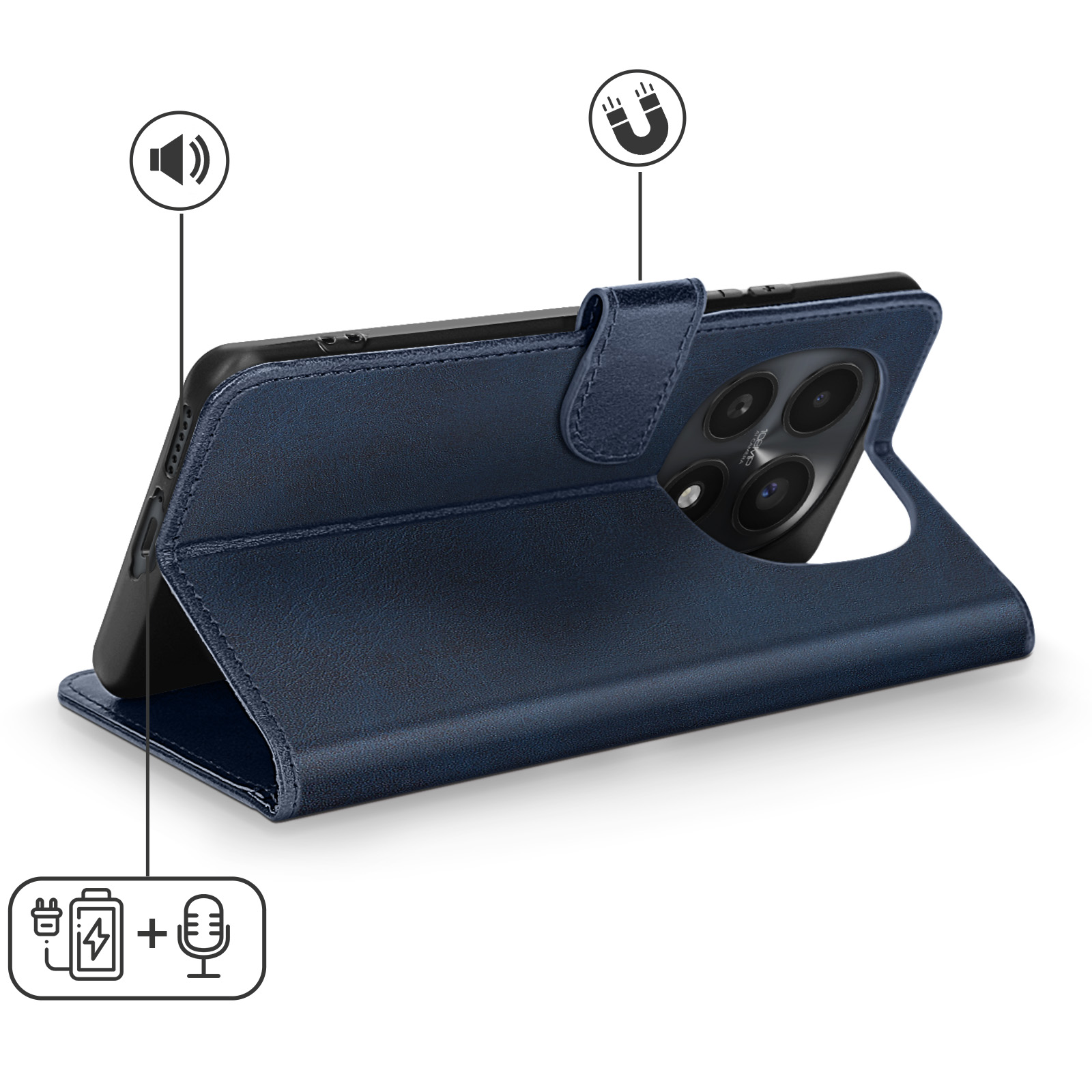 Custodia blu per telefono con chiusura magnetica e icone audio, ricarica e microfono.
