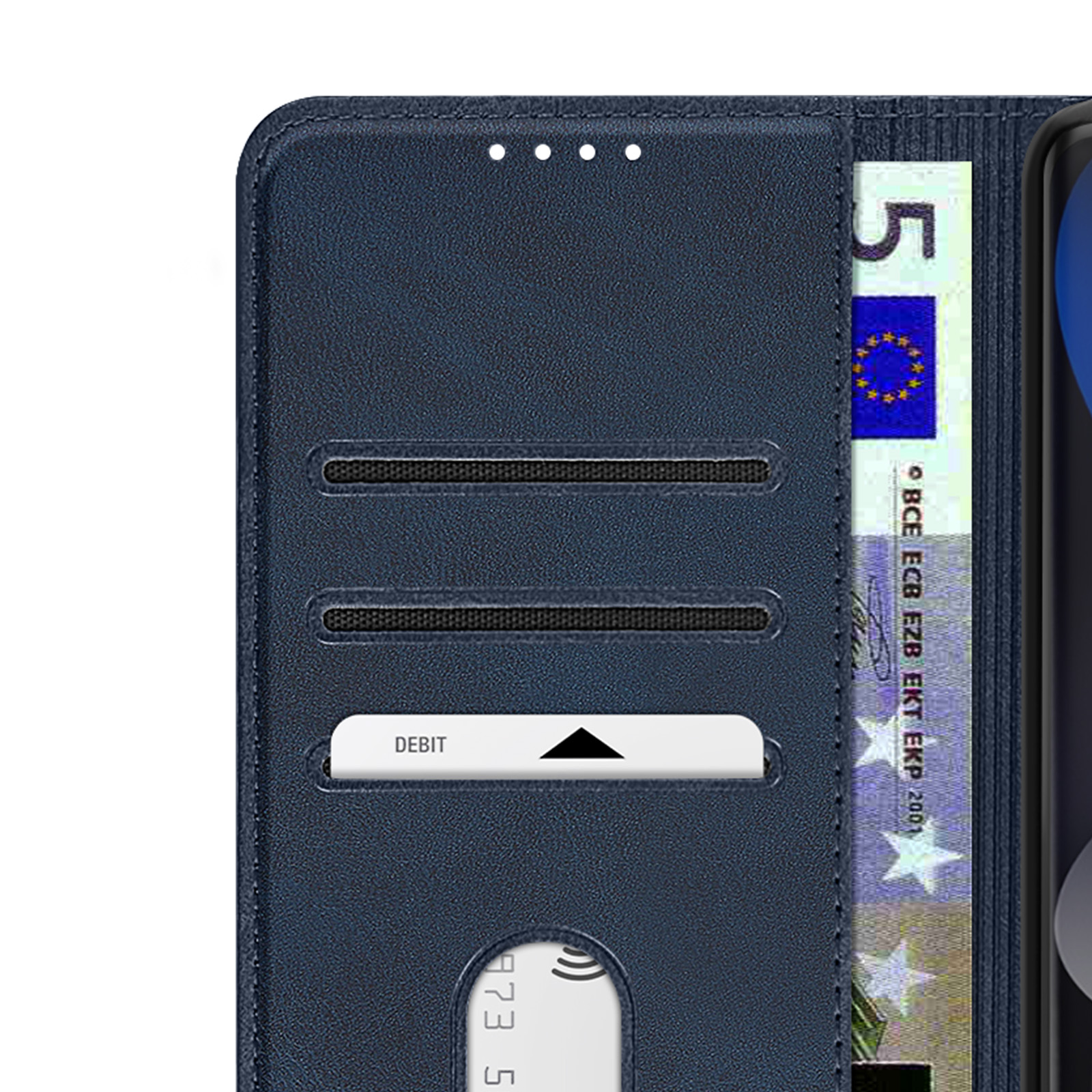 Custodia blu scuro per telefono con slot per carte e banconota da 5 euro.