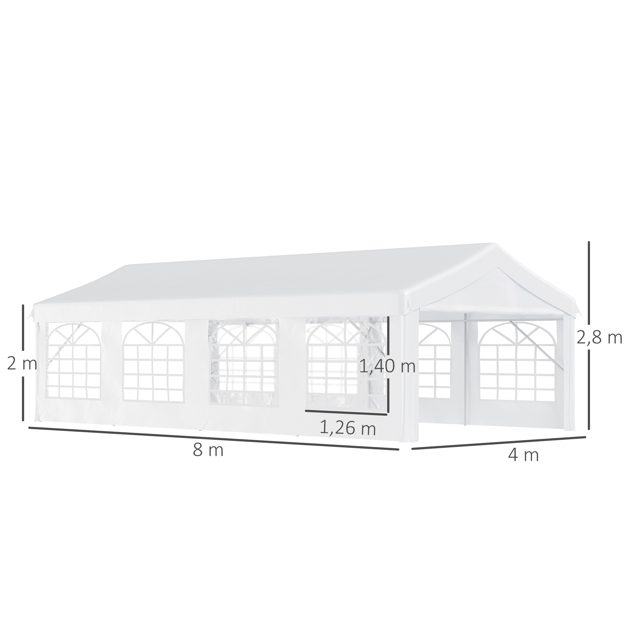 Estructura de carpa blanca con dimensiones: 8 m de largo, 4 m de ancho, 2,8 m de alto.
