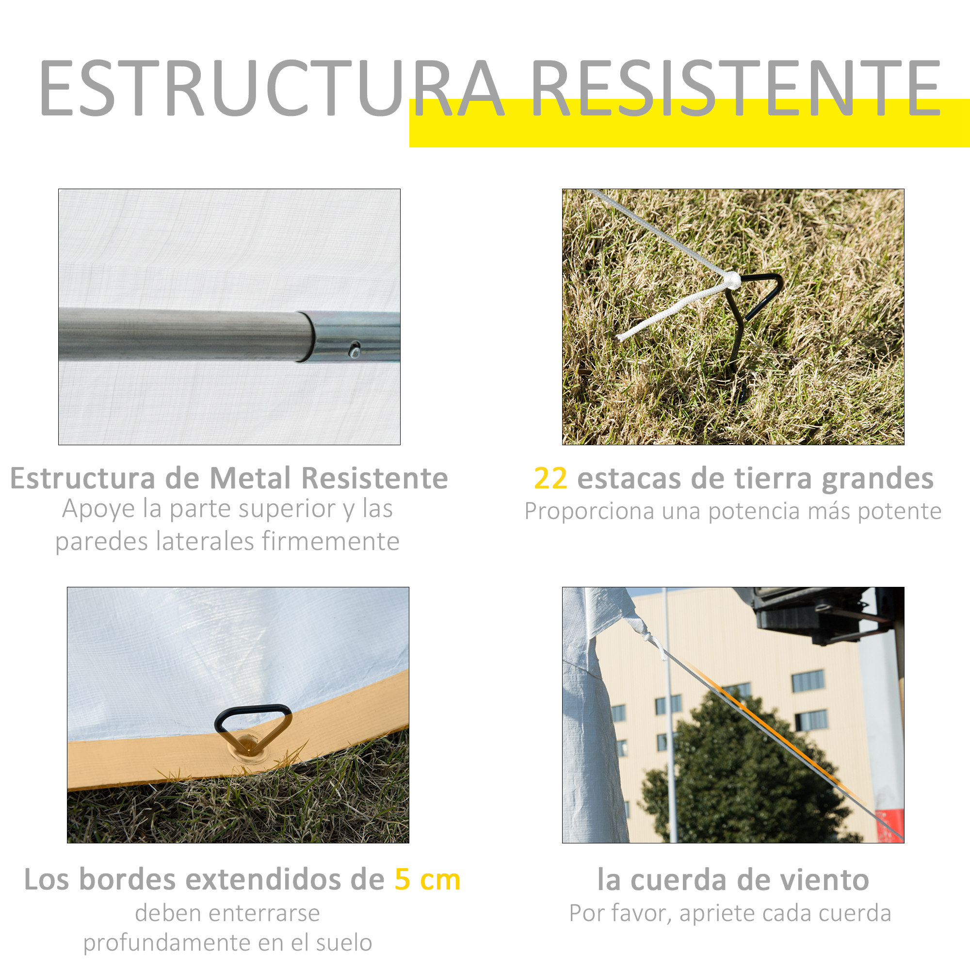 Estructura metálica robusta, 22 estacas, bordes extendidos, cuerda.