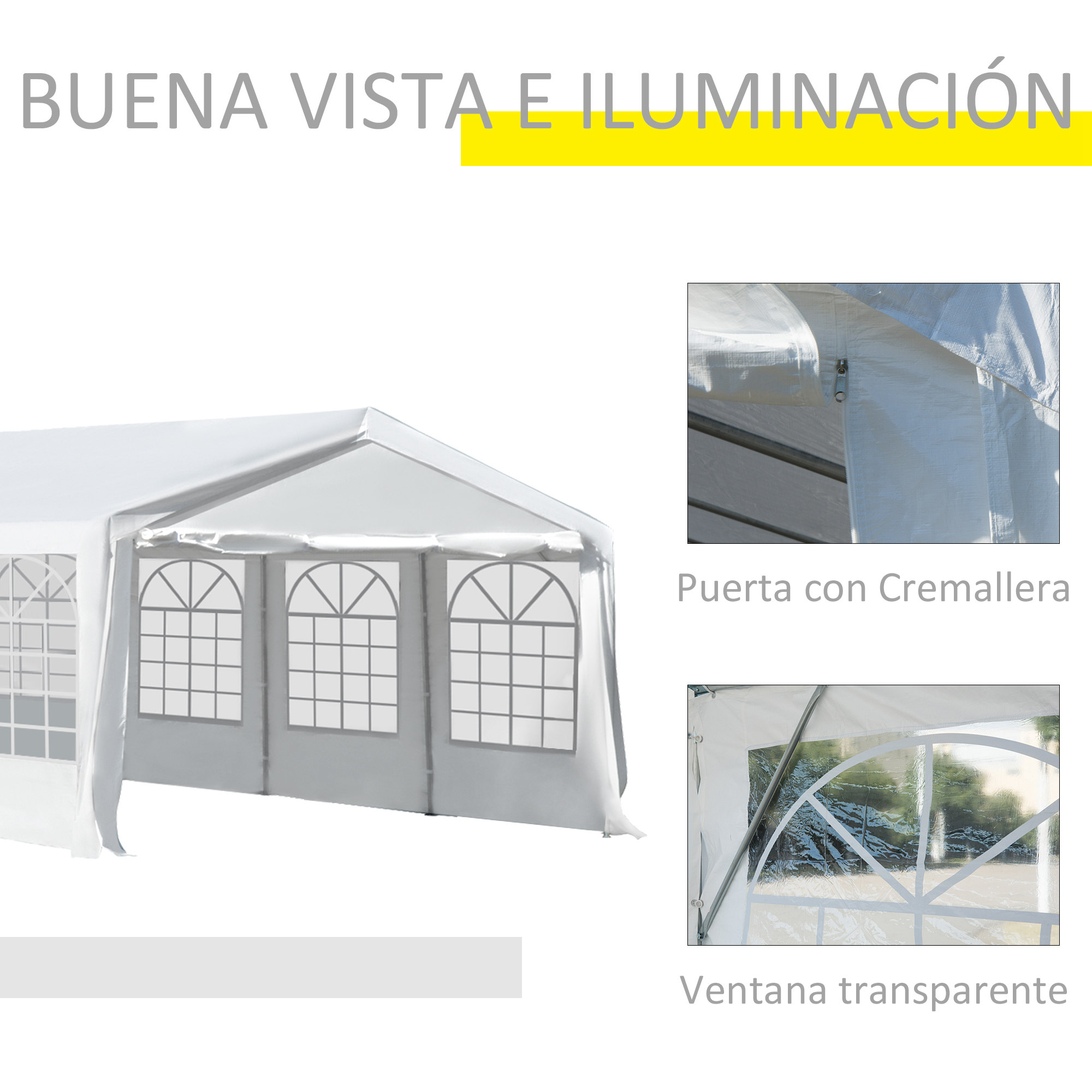 Una carpa blanca con ventanas y puerta. Vistas detalladas muestran cremallera y ventanas.
