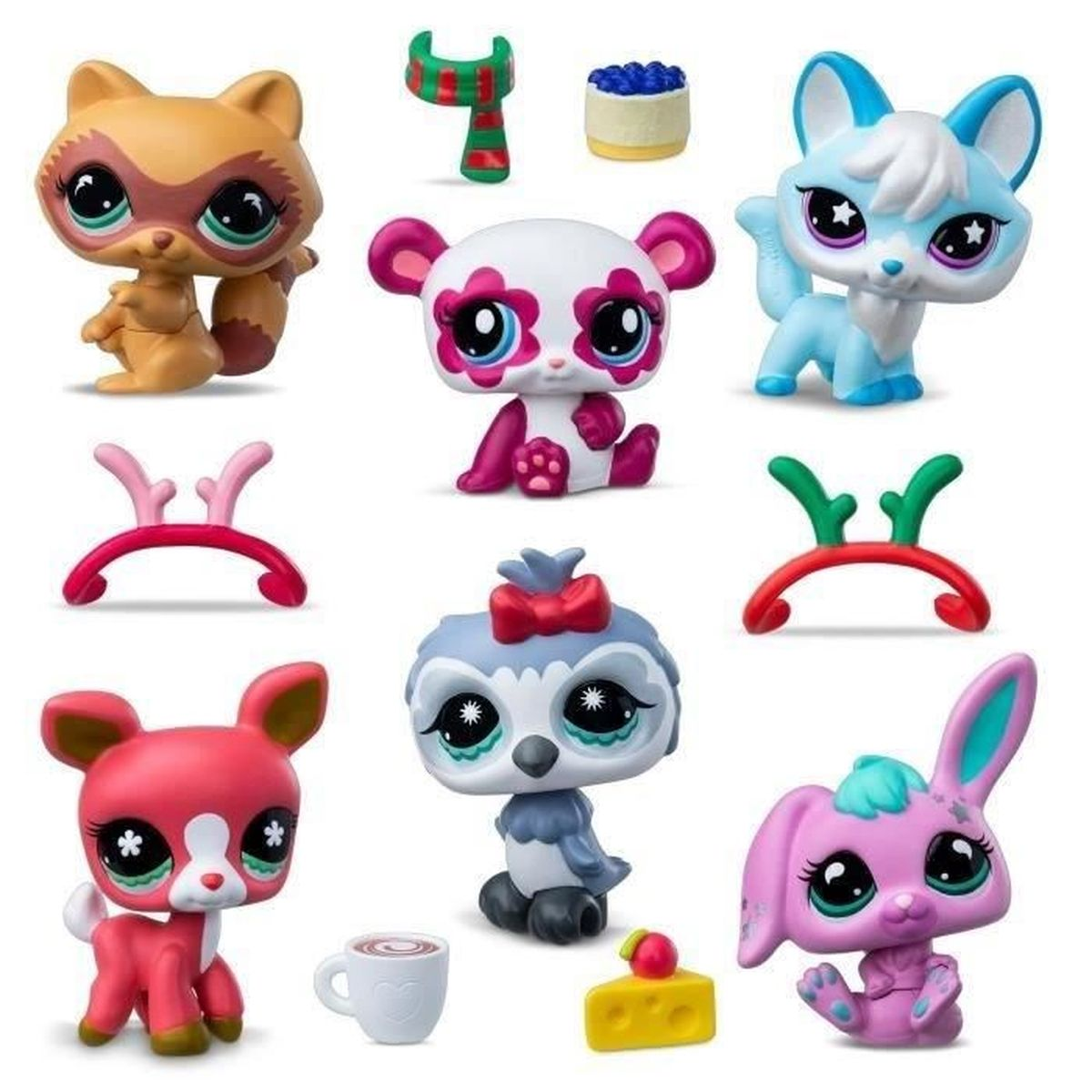 Neun Littlest Pet Shop Spielzeuge: Fuchs, Panda, Eisbär, Reh, Eule, Hase & Zubehör.