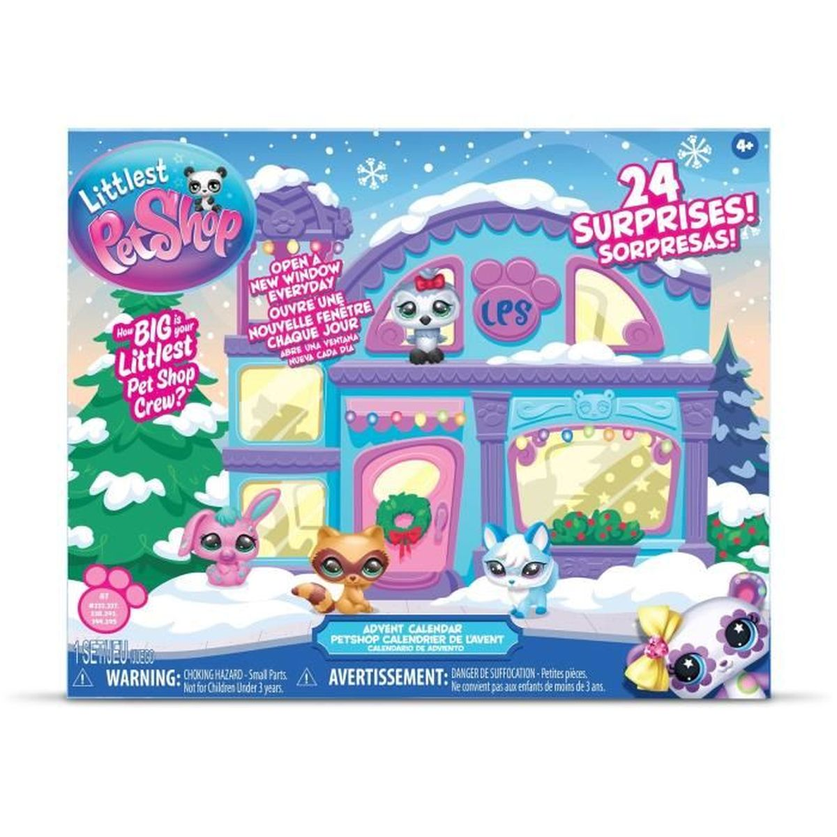 Littlest Pet Shop Adventskalender mit 24 Überraschungen, Schneeflocken, Bäumen und Tieren.
